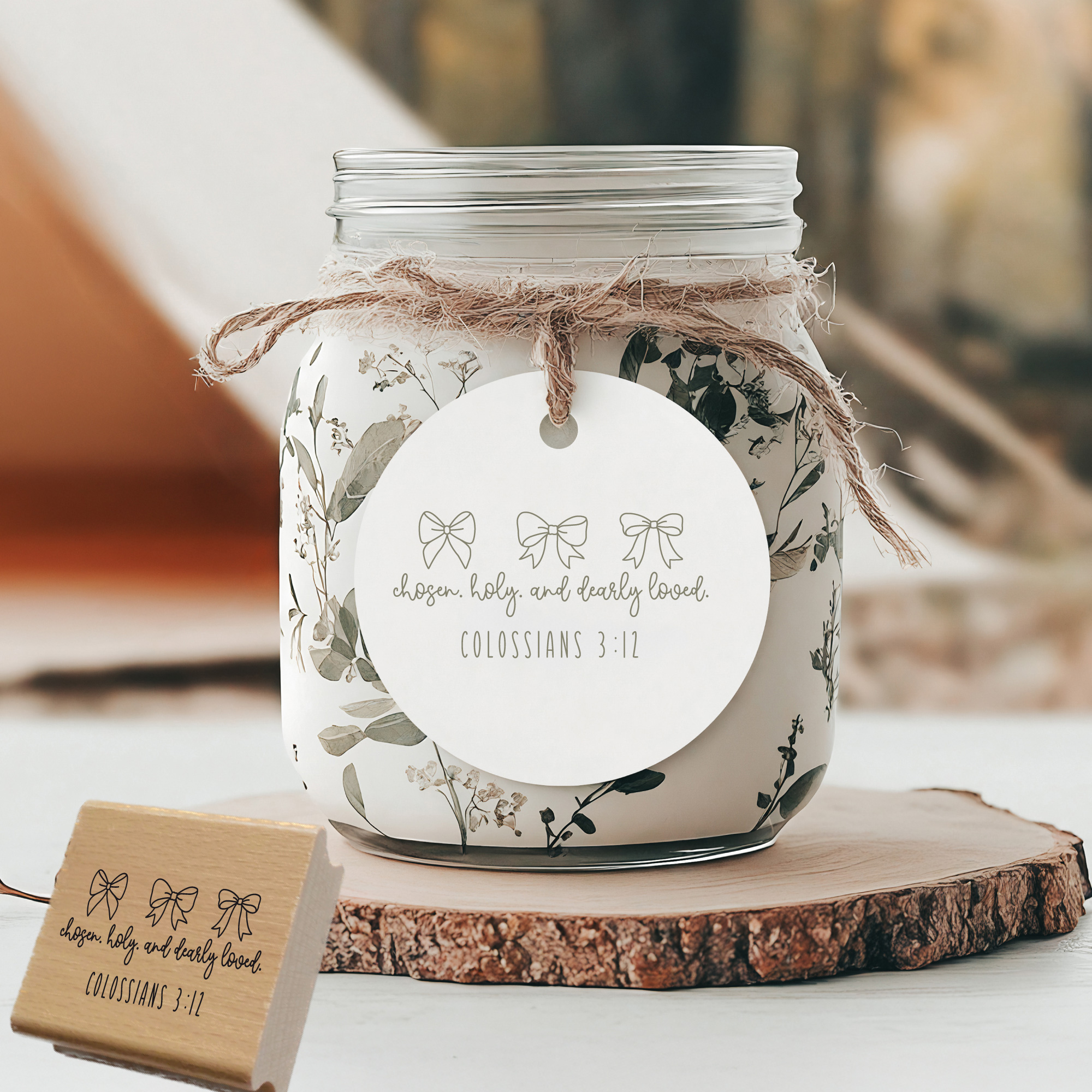 Schleifen-Stempel Chosen holy dearly loved – Kolosser 3,12 Bibelvers (Holz oder Gummi)