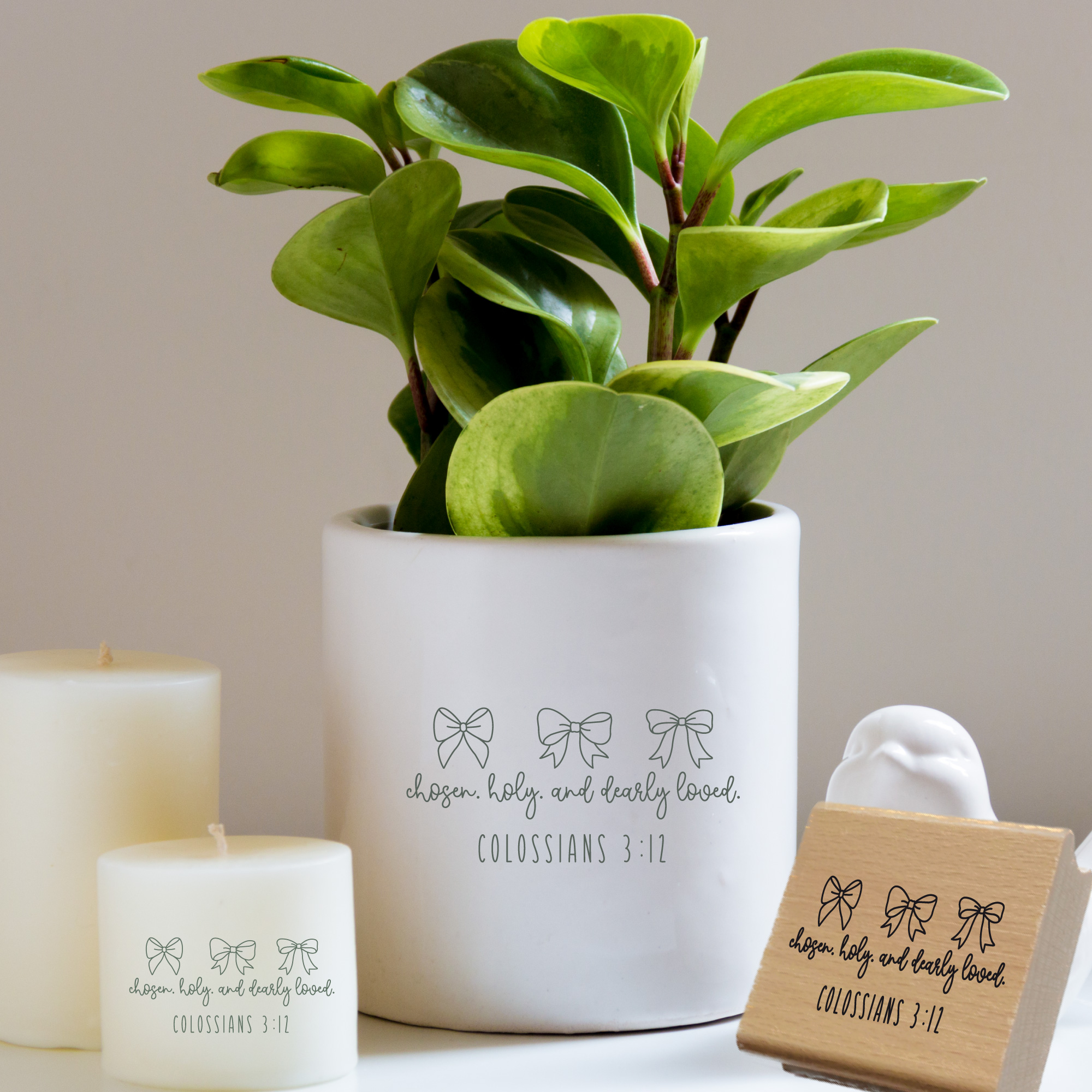 Schleifen-Stempel Chosen holy dearly loved – Kolosser 3,12 Bibelvers (Holz oder Gummi)