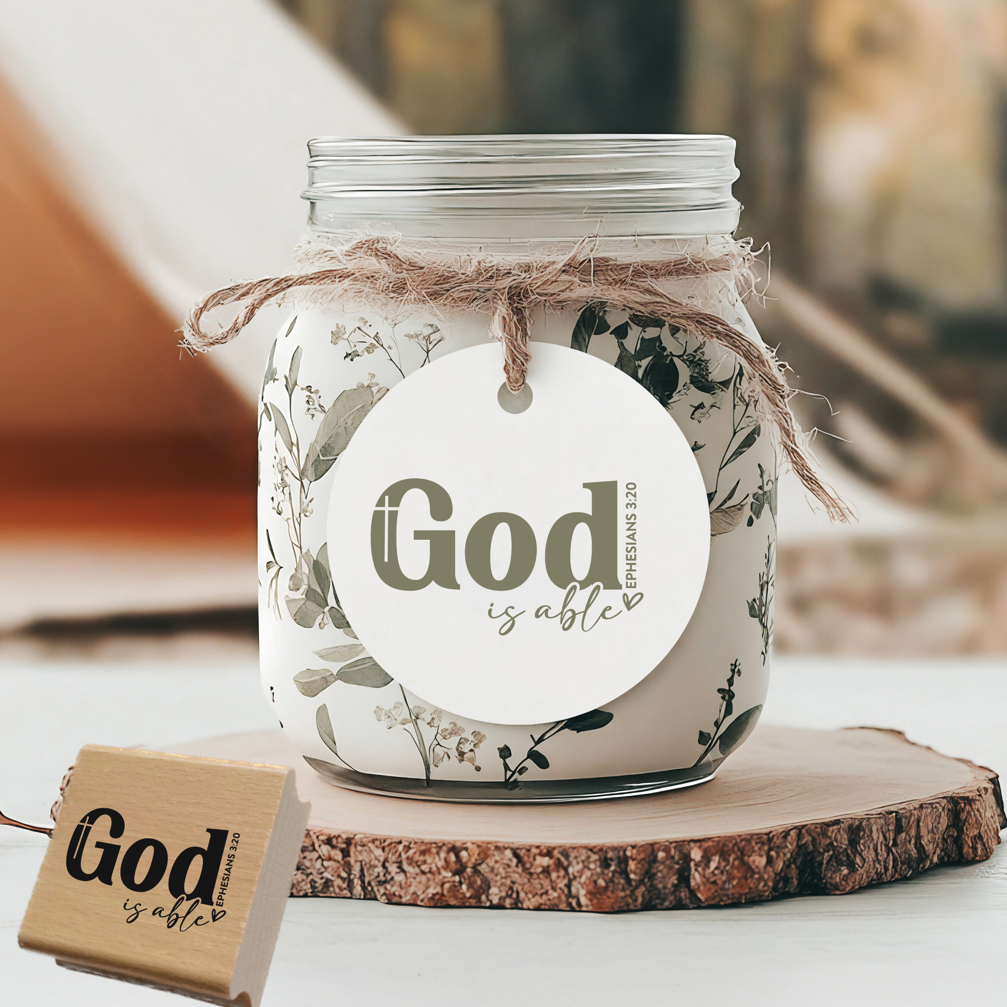 Grafischer Stempel God is able – Epheser 3,20 Bibelvers mit Kreuz (Holz oder Gummi)
