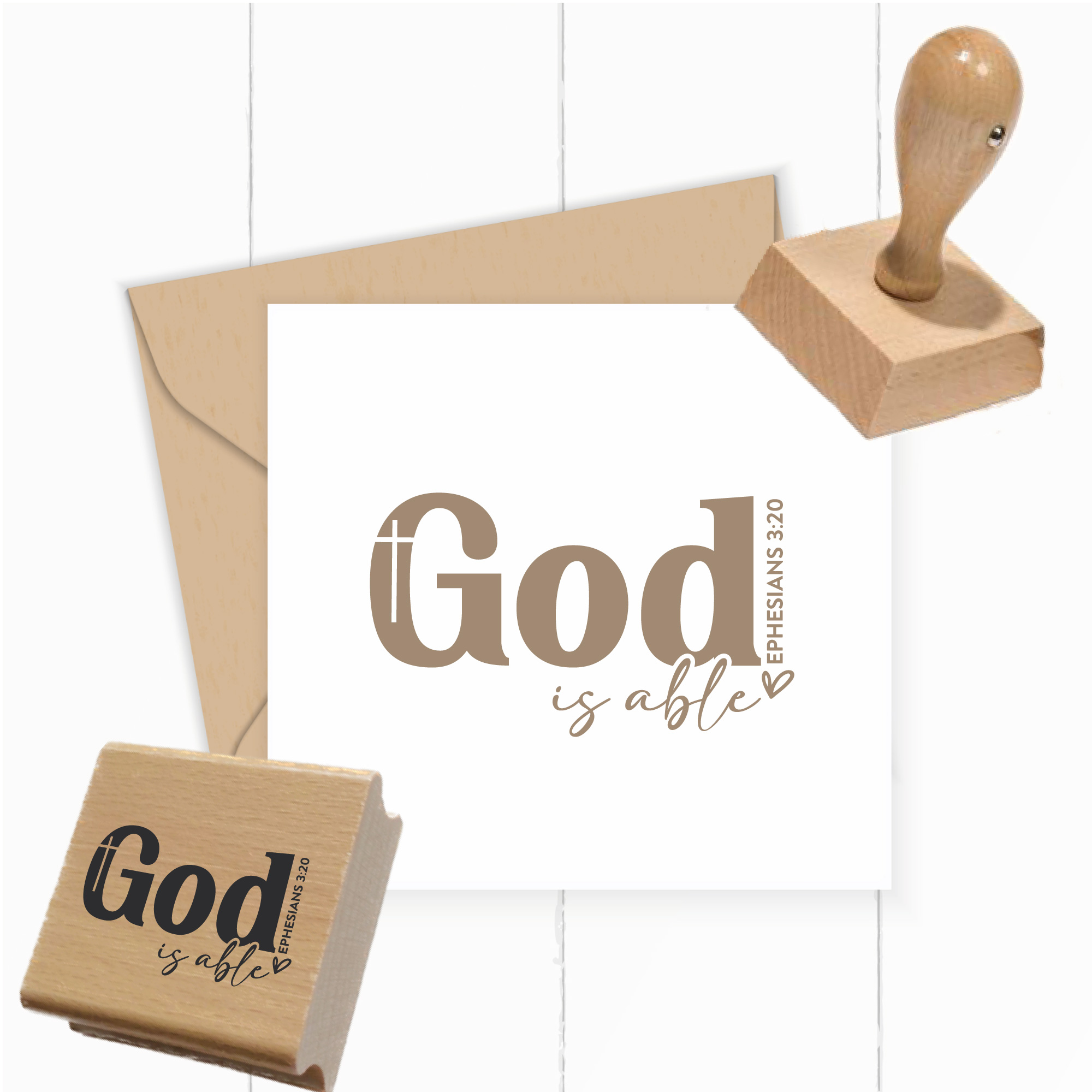 Grafischer Stempel God is able – Epheser 3,20 Bibelvers mit Kreuz (Holz oder Gummi)