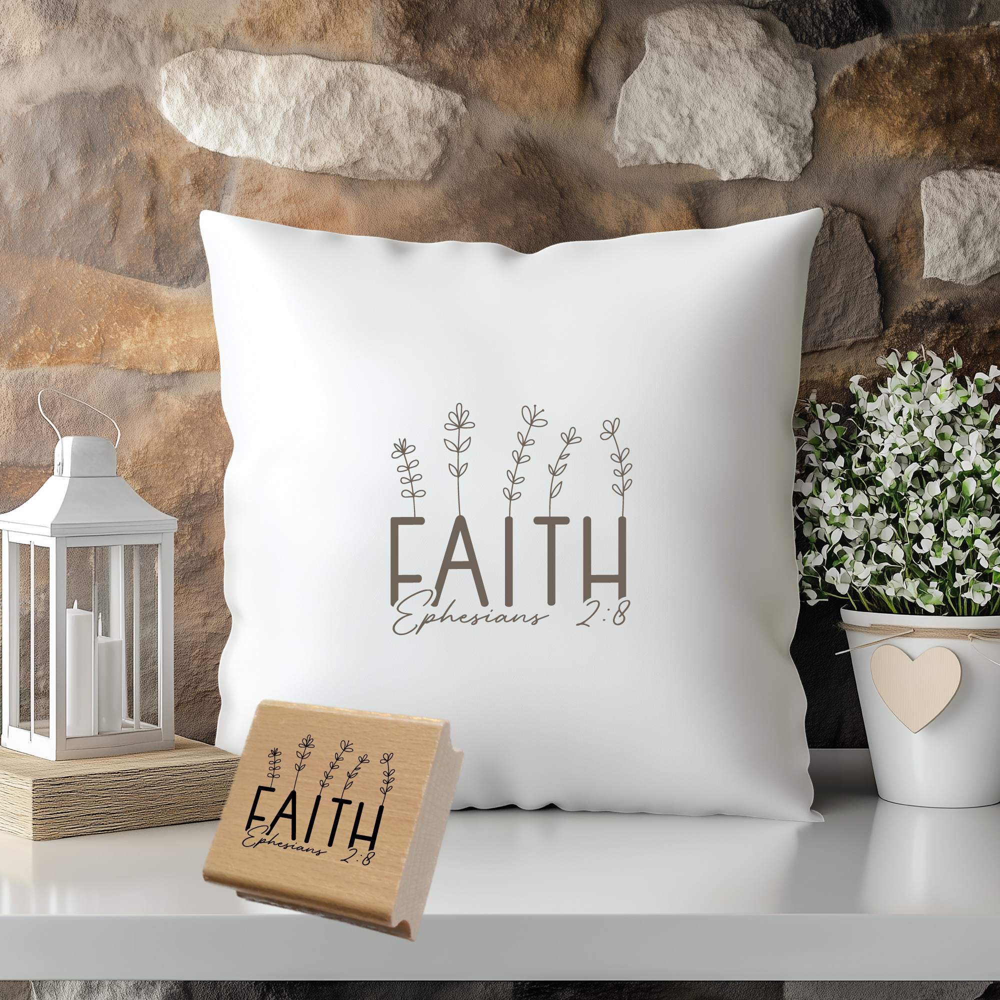 Botanischer Stempel FAITH – Epheser 2,8 Bibelvers mit Zweigen (Holz oder Gummi)
