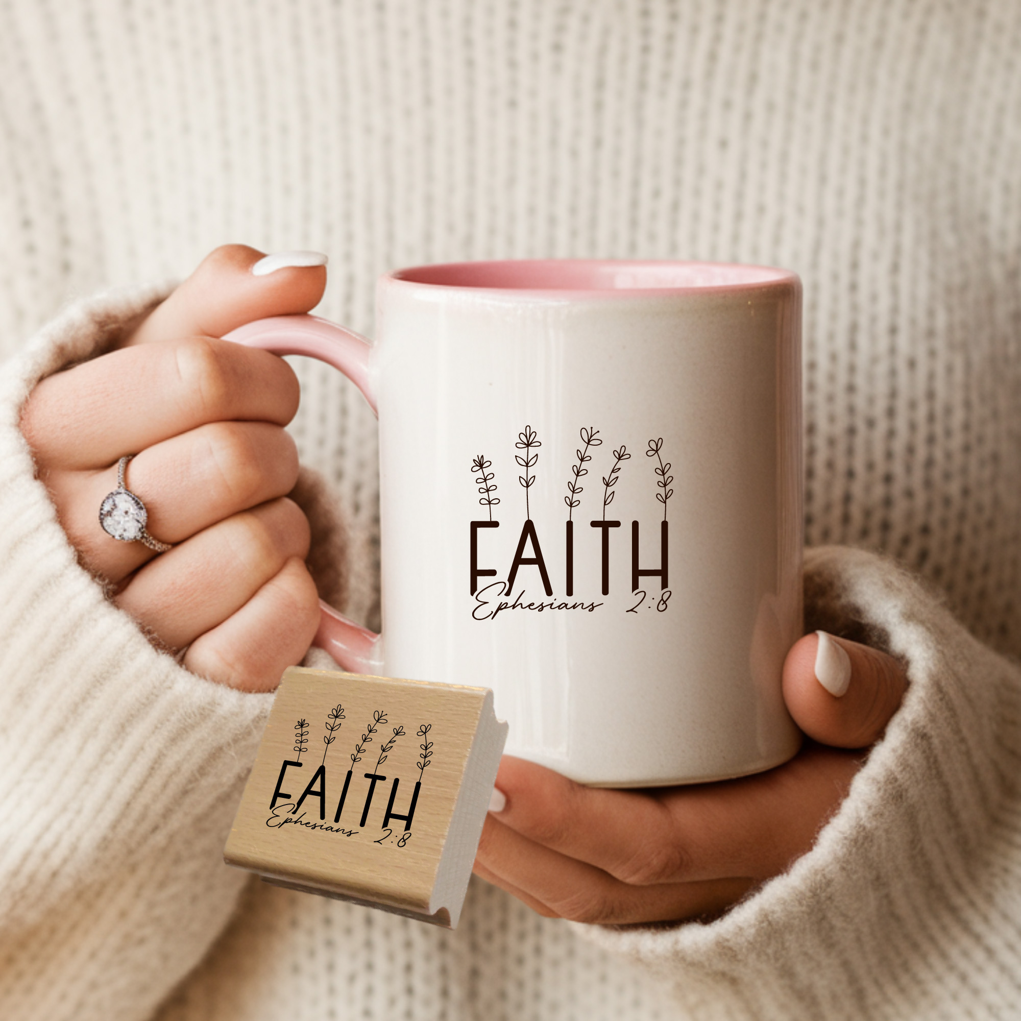Botanischer Stempel FAITH – Epheser 2,8 Bibelvers mit Zweigen (Holz oder Gummi)
