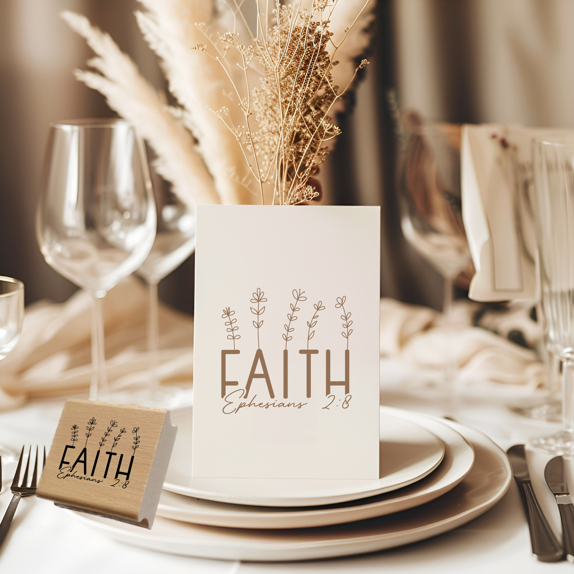 Botanischer Stempel FAITH – Epheser 2,8 Bibelvers mit Zweigen (Holz oder Gummi)