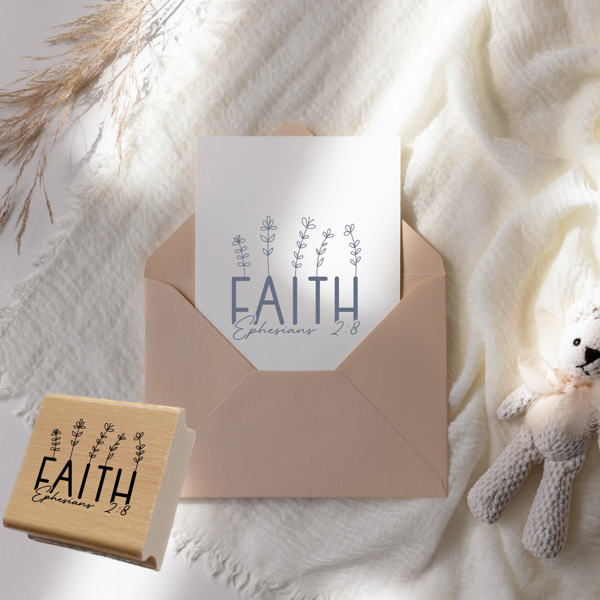 Botanischer Stempel FAITH – Epheser 2,8 Bibelvers mit Zweigen (Holz oder Gummi)