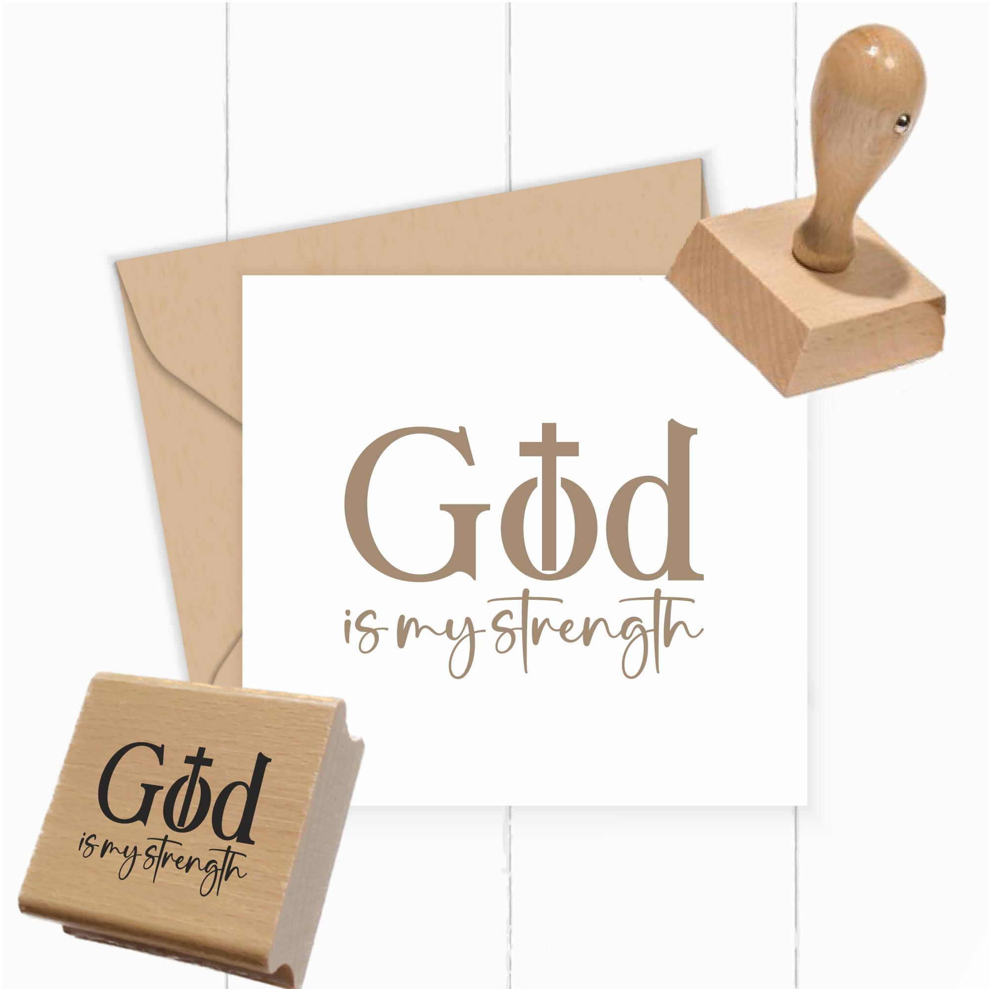 Stempel „God is my strength“ – Christlicher Motivstempel mit Kreuz-Symbol (Holz oder Gummi) - ST0681