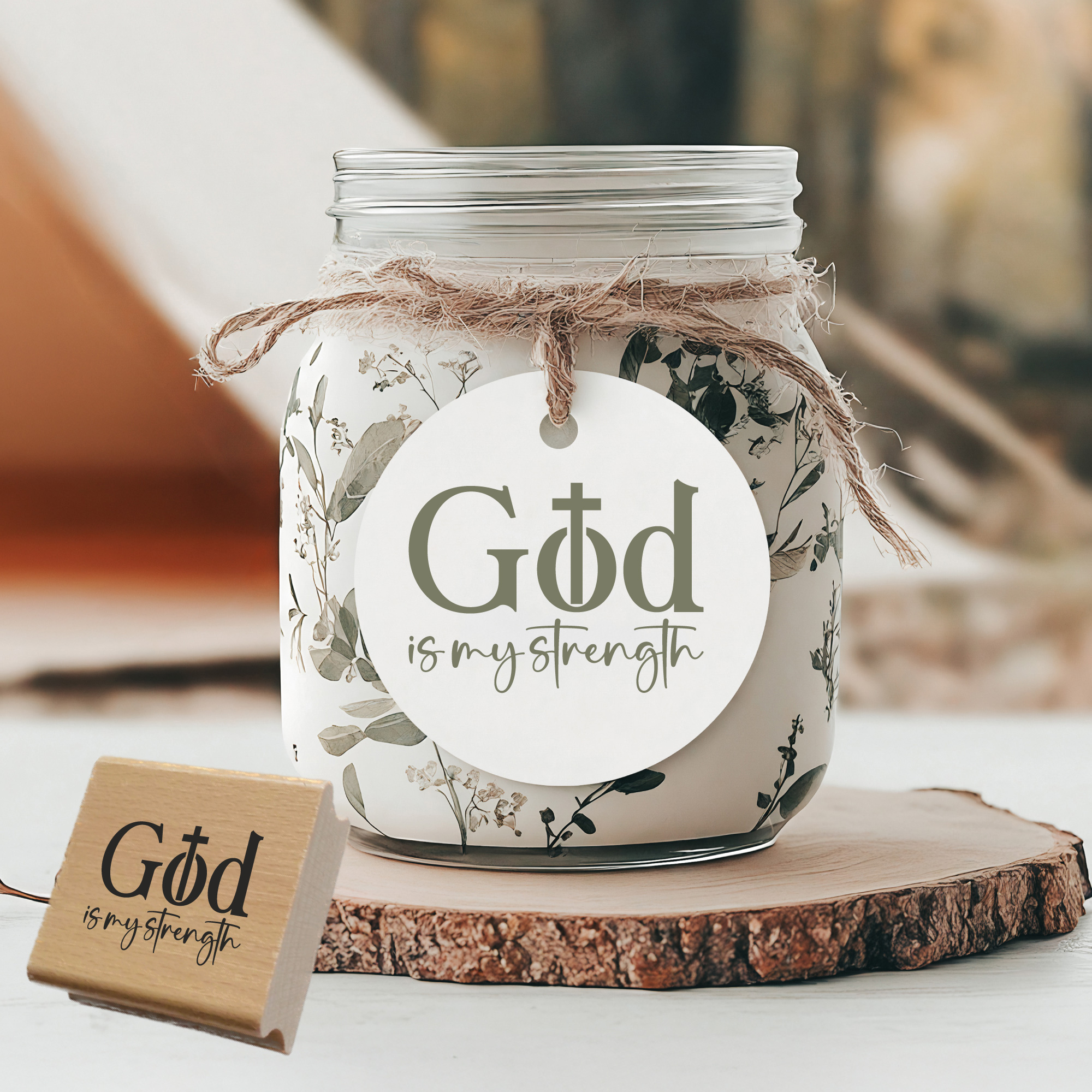 Stempel „God is my strength“ – Christlicher Motivstempel mit Kreuz-Symbol (Holz oder Gummi)