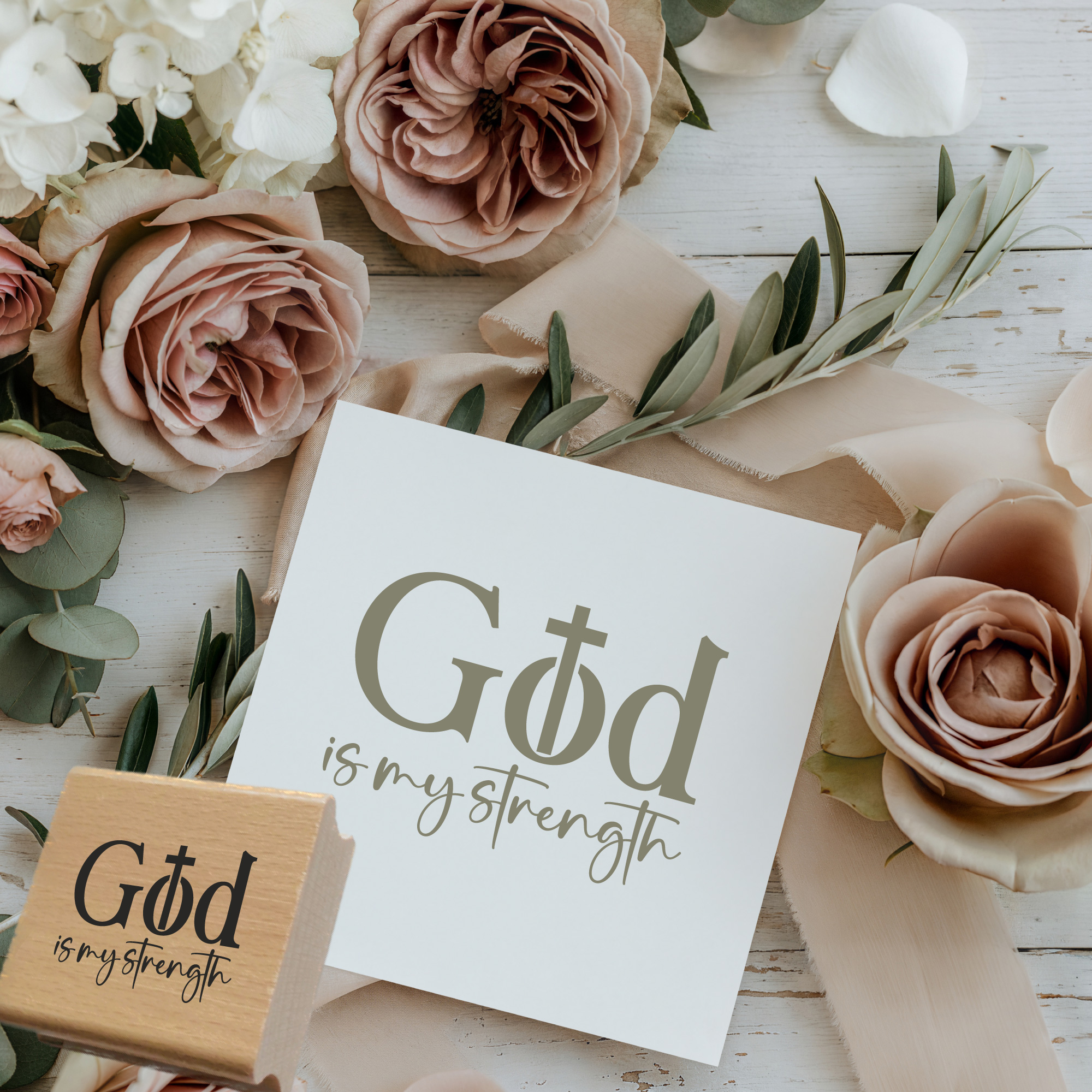 Stempel „God is my strength“ – Christlicher Motivstempel mit Kreuz-Symbol (Holz oder Gummi)