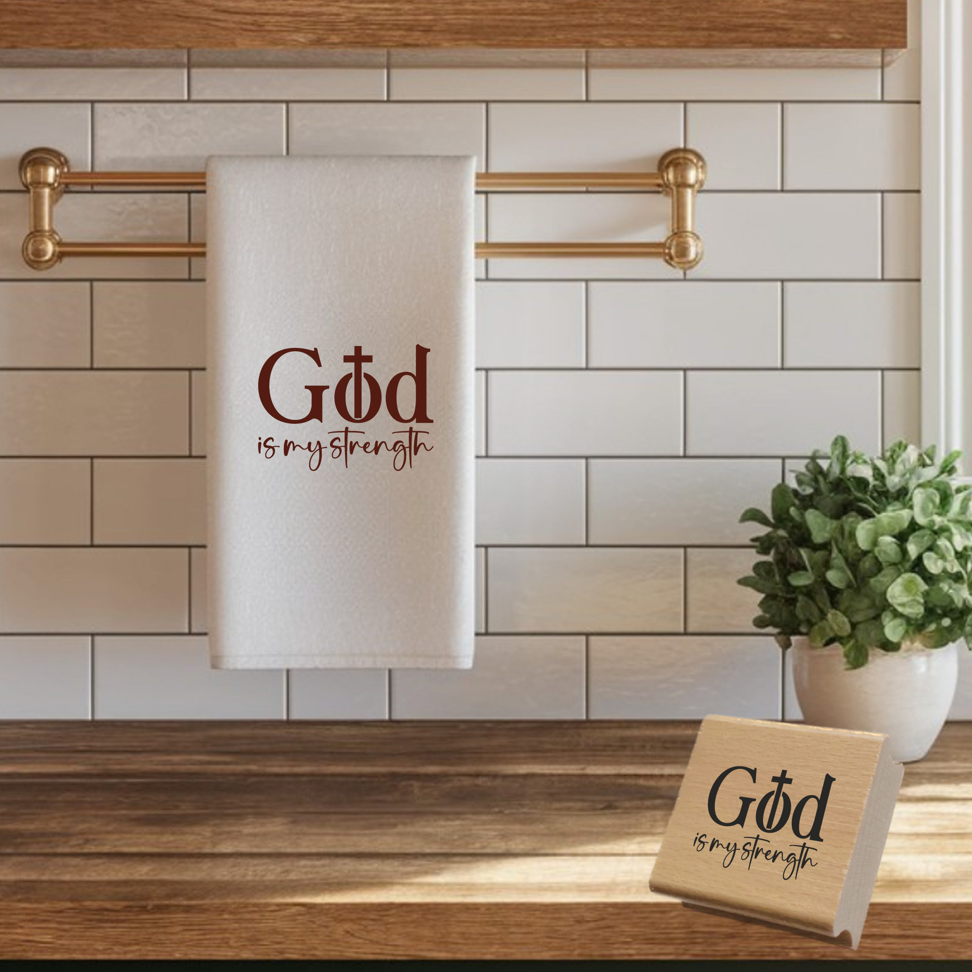Stempel „God is my strength“ – Christlicher Motivstempel mit Kreuz-Symbol (Holz oder Gummi)
