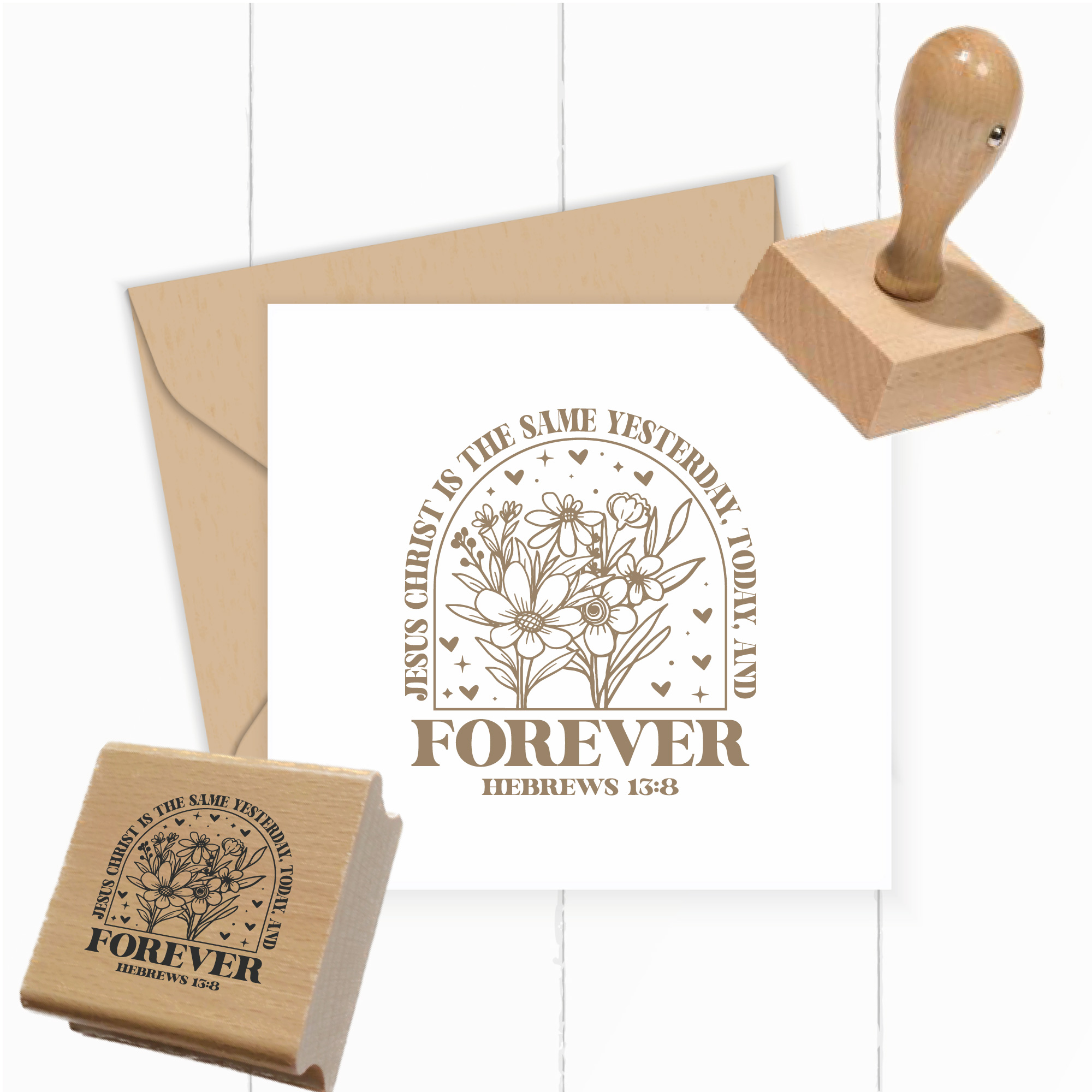 Stempel „Jesus Christ is the same yesterday, today, and forever“ – Hebräer 13:8 Florales Bogen-Design - ST0682