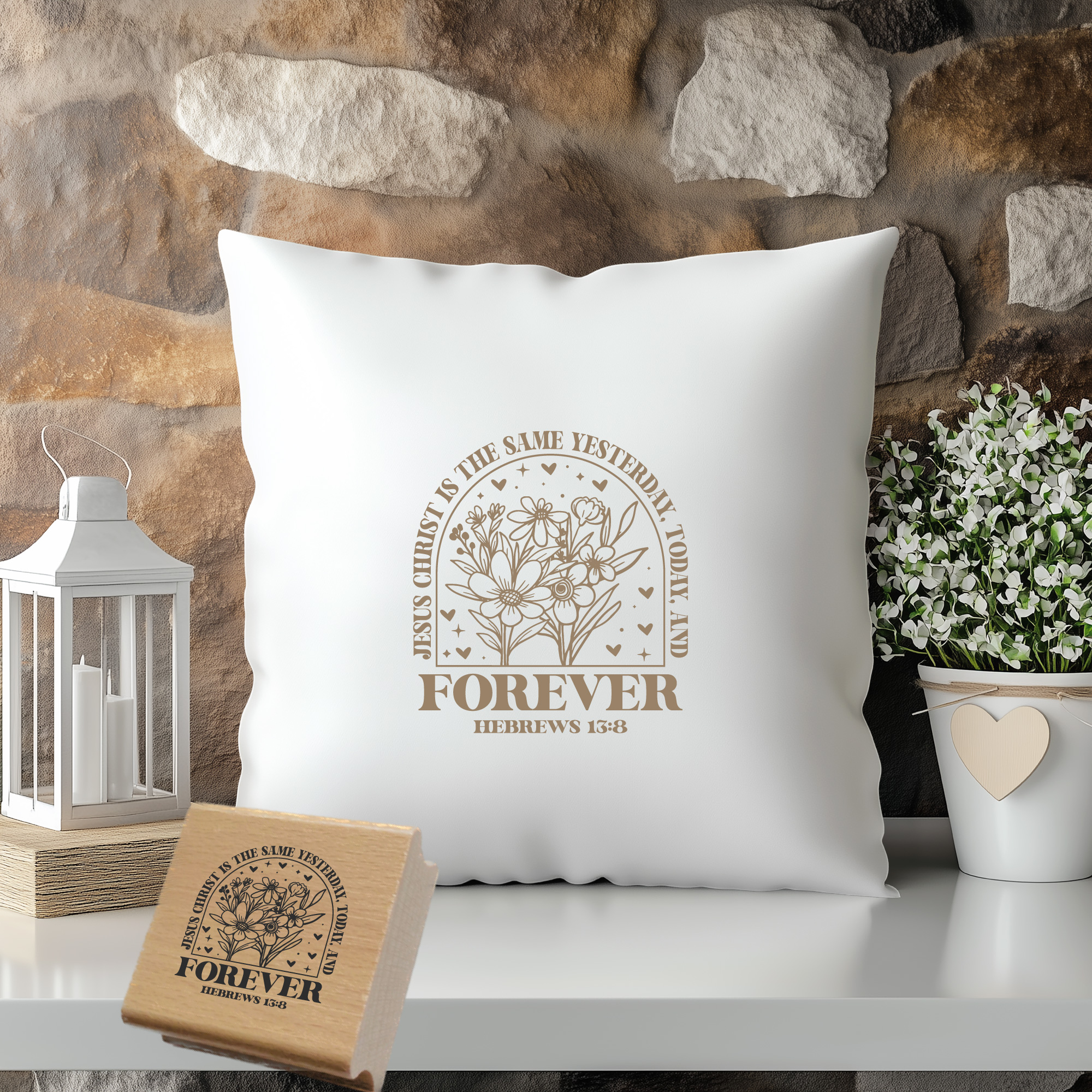 Stempel „Jesus Christ is the same yesterday, today, and forever“ – Hebräer 13:8 Florales Bogen-Design