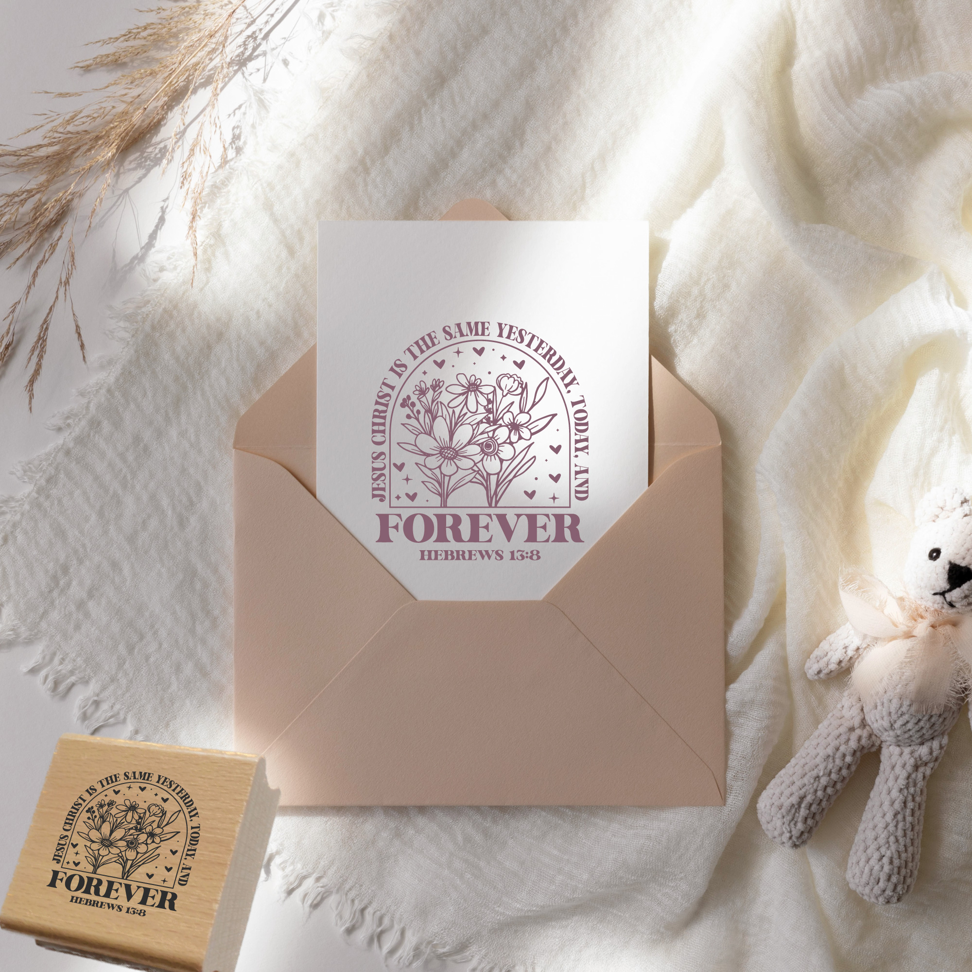 Stempel „Jesus Christ is the same yesterday, today, and forever“ – Hebräer 13:8 Florales Bogen-Design