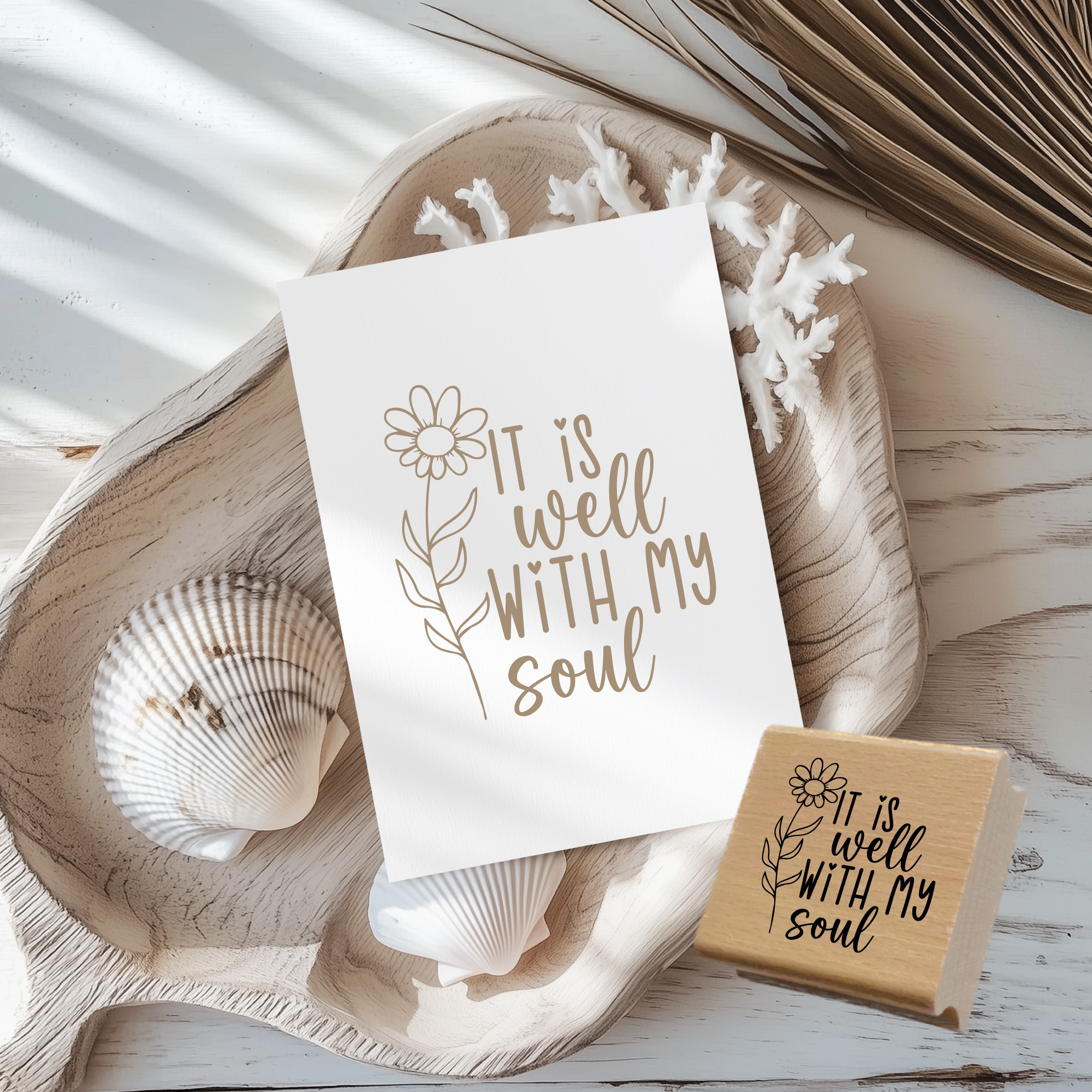Stempel It is well with my soul – Christlicher Holzstempel mit Blume