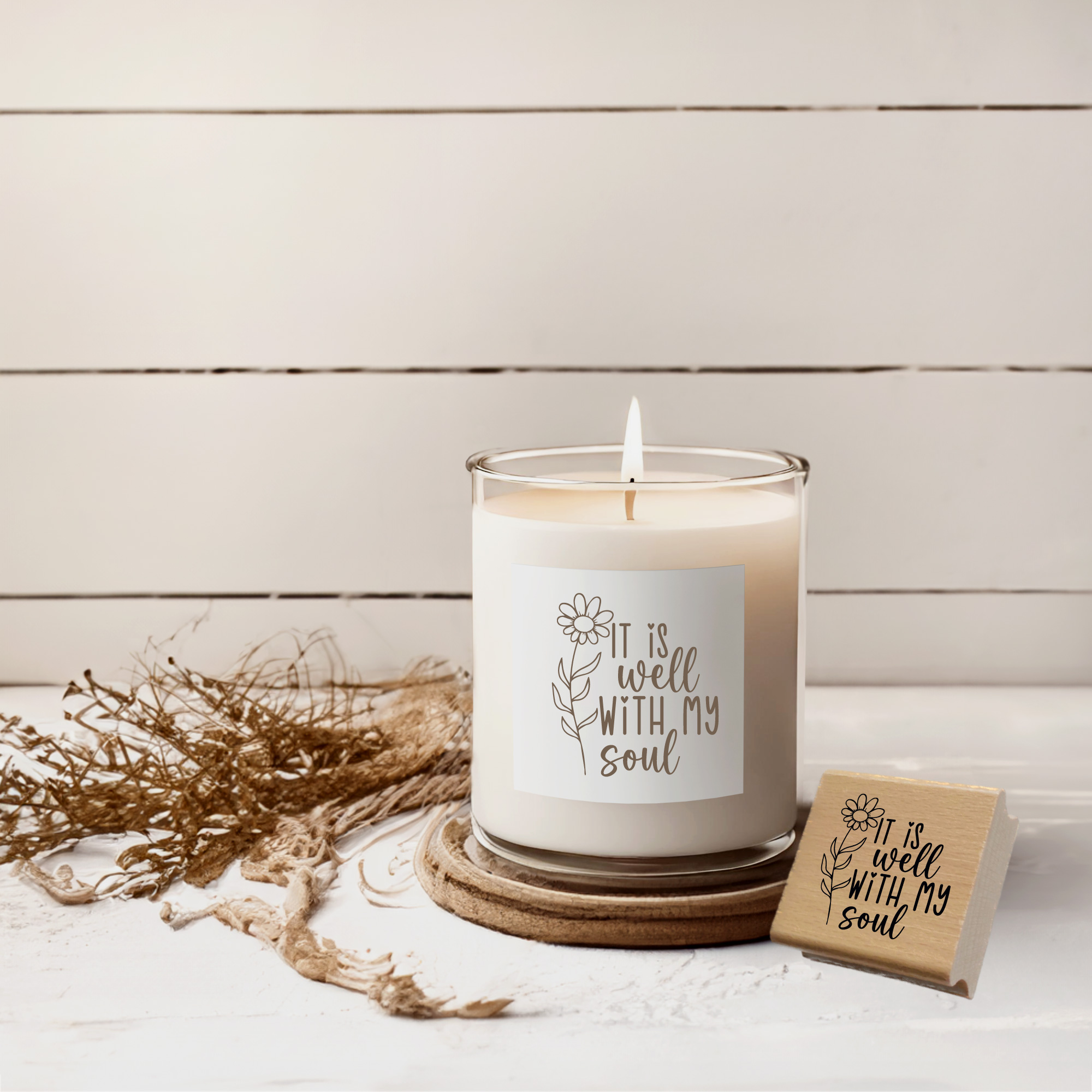 Stempel It is well with my soul – Christlicher Holzstempel mit Blume