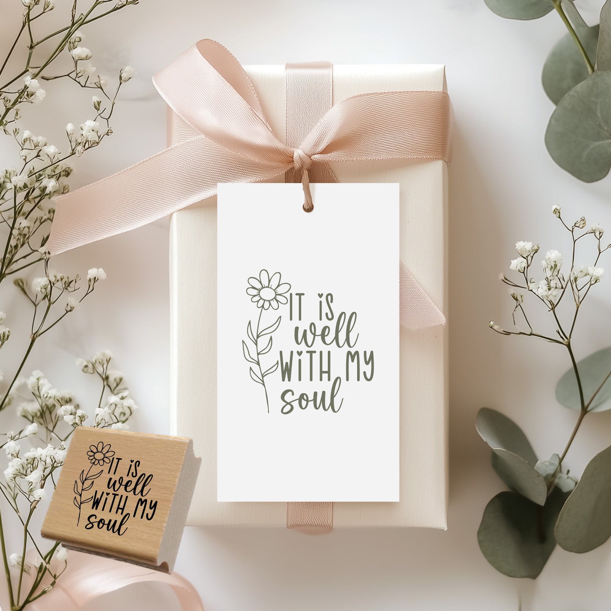 Stempel It is well with my soul – Christlicher Holzstempel mit Blume