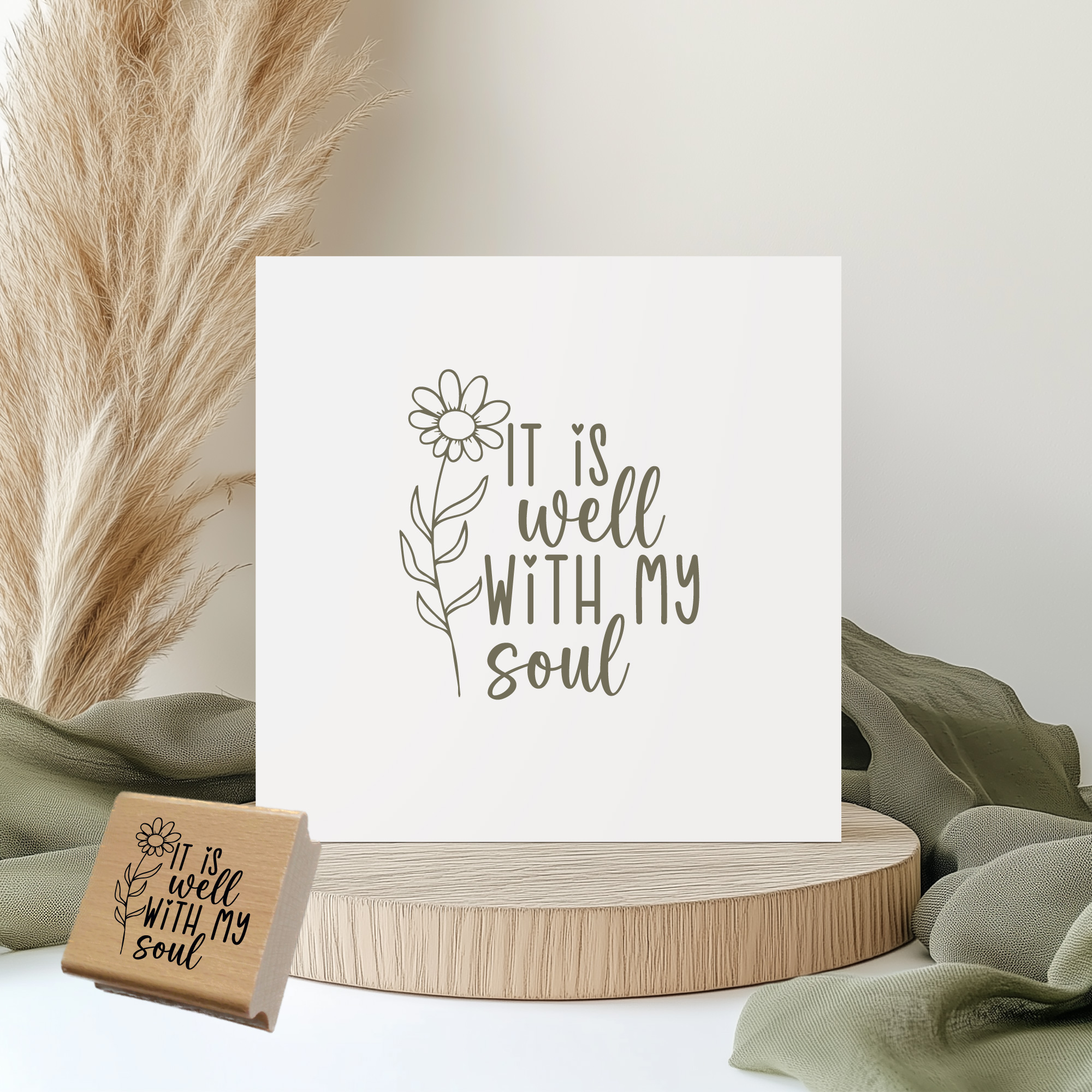 Stempel It is well with my soul – Christlicher Holzstempel mit Blume
