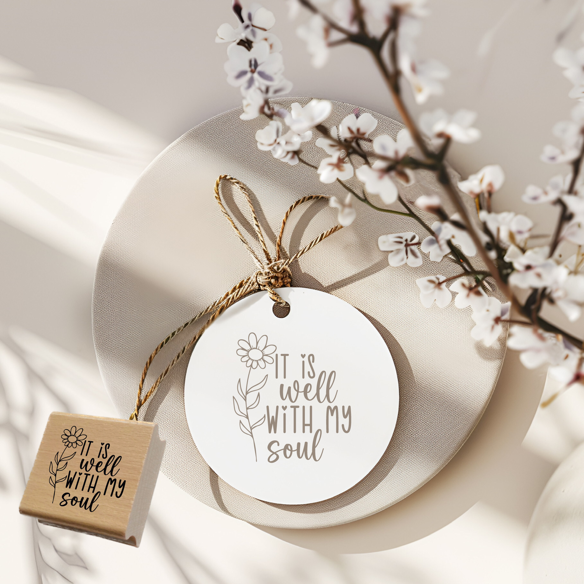 Stempel It is well with my soul – Christlicher Holzstempel mit Blume