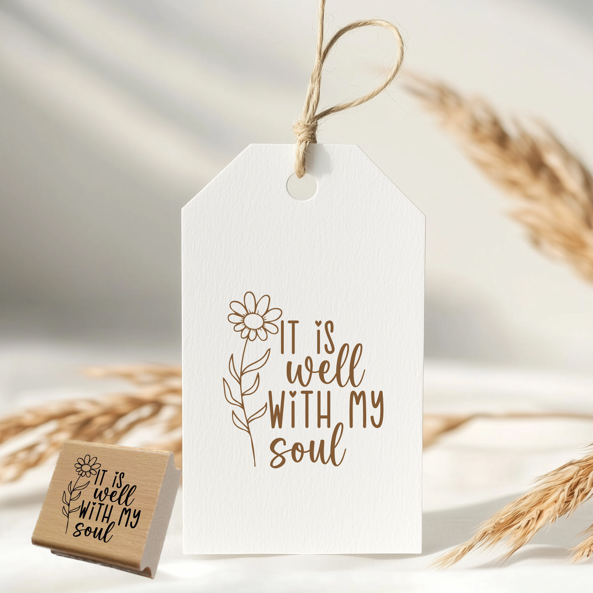 Stempel It is well with my soul – Christlicher Holzstempel mit Blume
