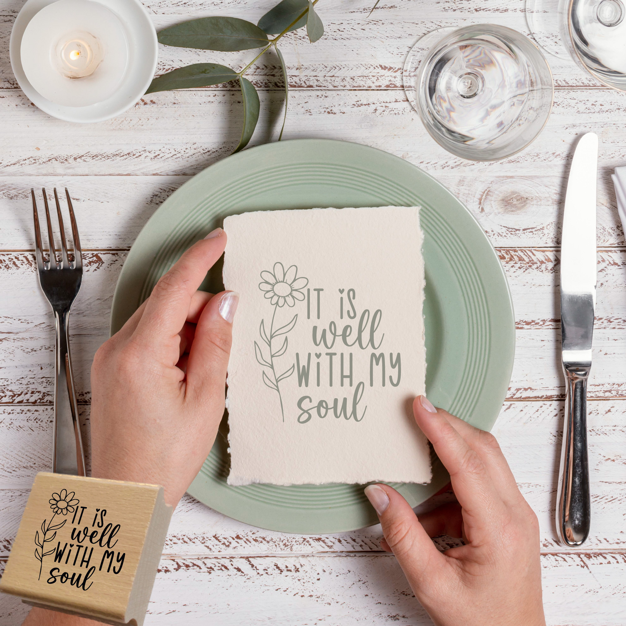 Stempel It is well with my soul – Christlicher Holzstempel mit Blume