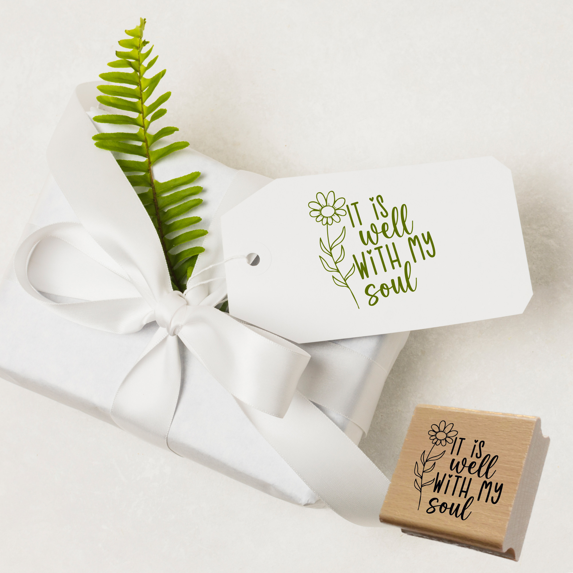 Stempel It is well with my soul – Christlicher Holzstempel mit Blume