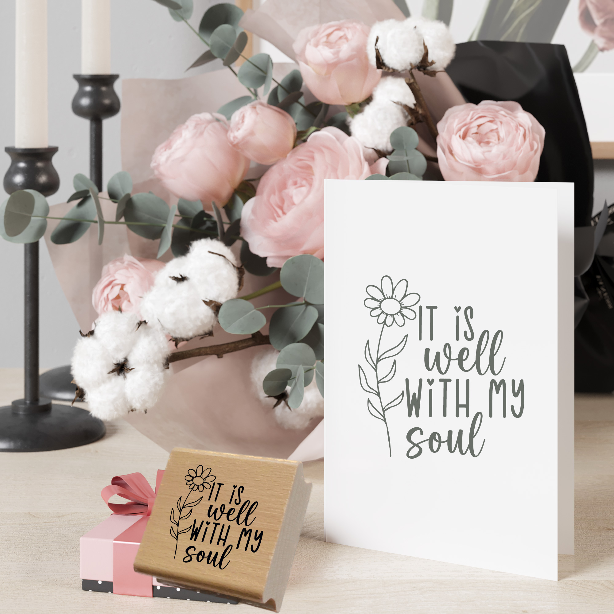 Stempel It is well with my soul – Christlicher Holzstempel mit Blume