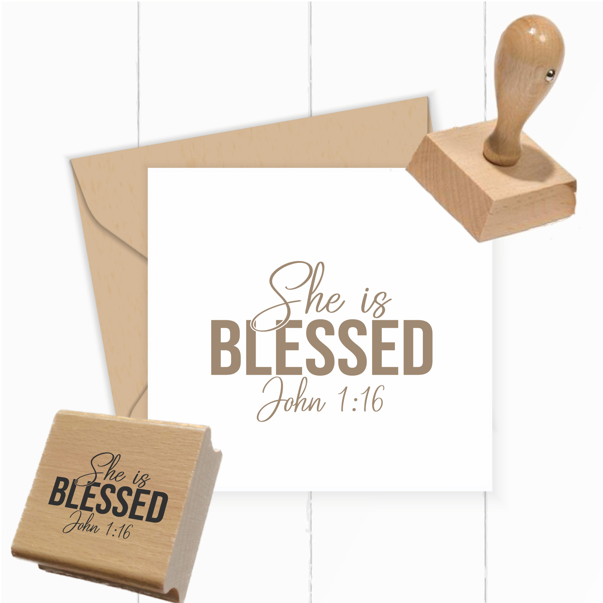 Stempel She is blessed John 1:16 – Christlicher Bibelvers Holzstempel - ST0685
