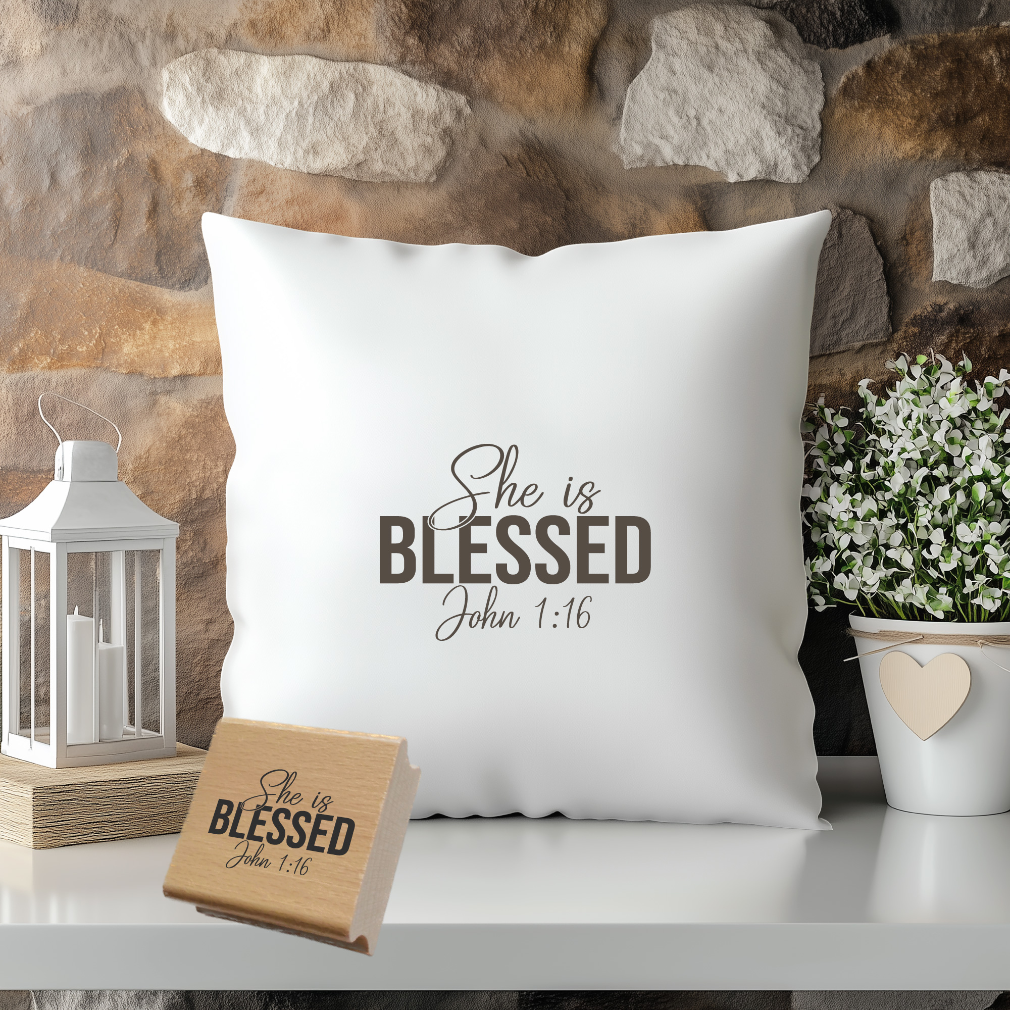 Stempel She is blessed John 1:16 – Christlicher Bibelvers Holzstempel