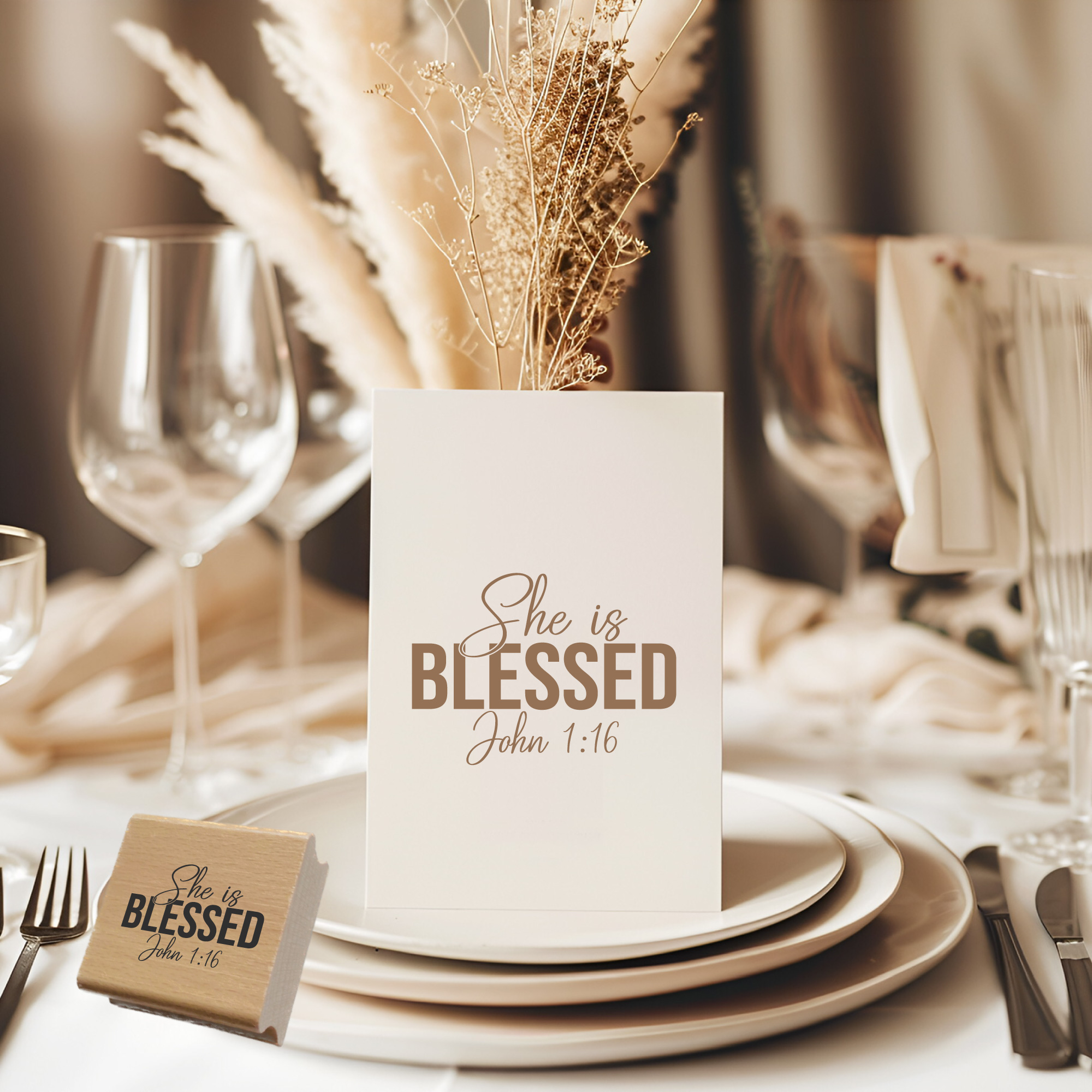 Stempel She is blessed John 1:16 – Christlicher Bibelvers Holzstempel