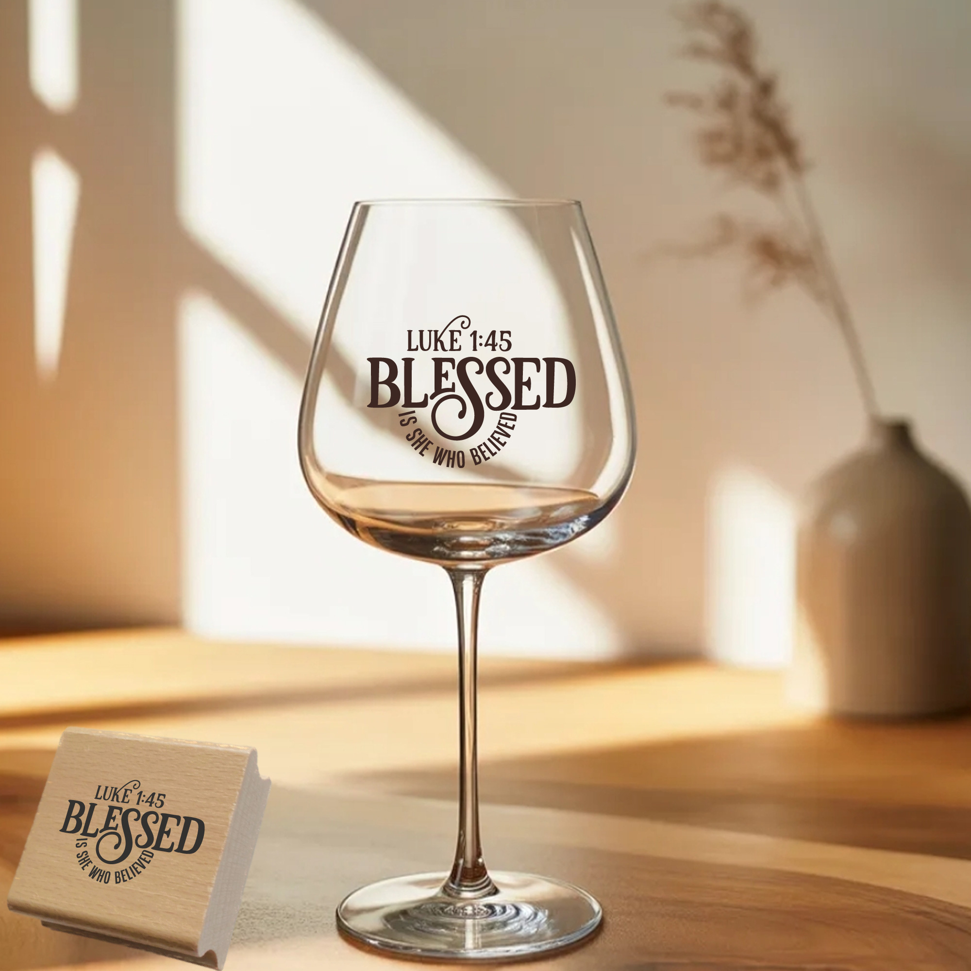 Stempel Lukas 1:45 • Blessed is she who believed Bibelvers Holzstempel