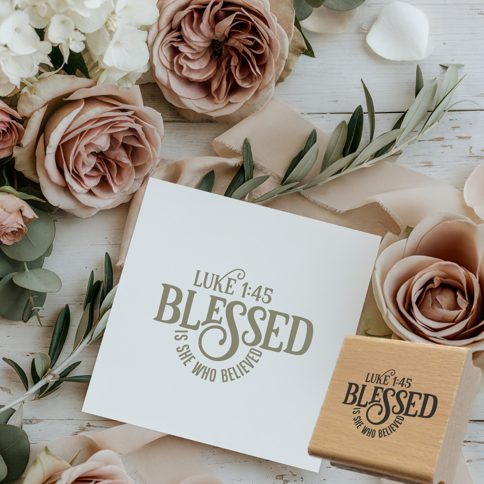 Stempel Lukas 1:45 • Blessed is she who believed Bibelvers Holzstempel
