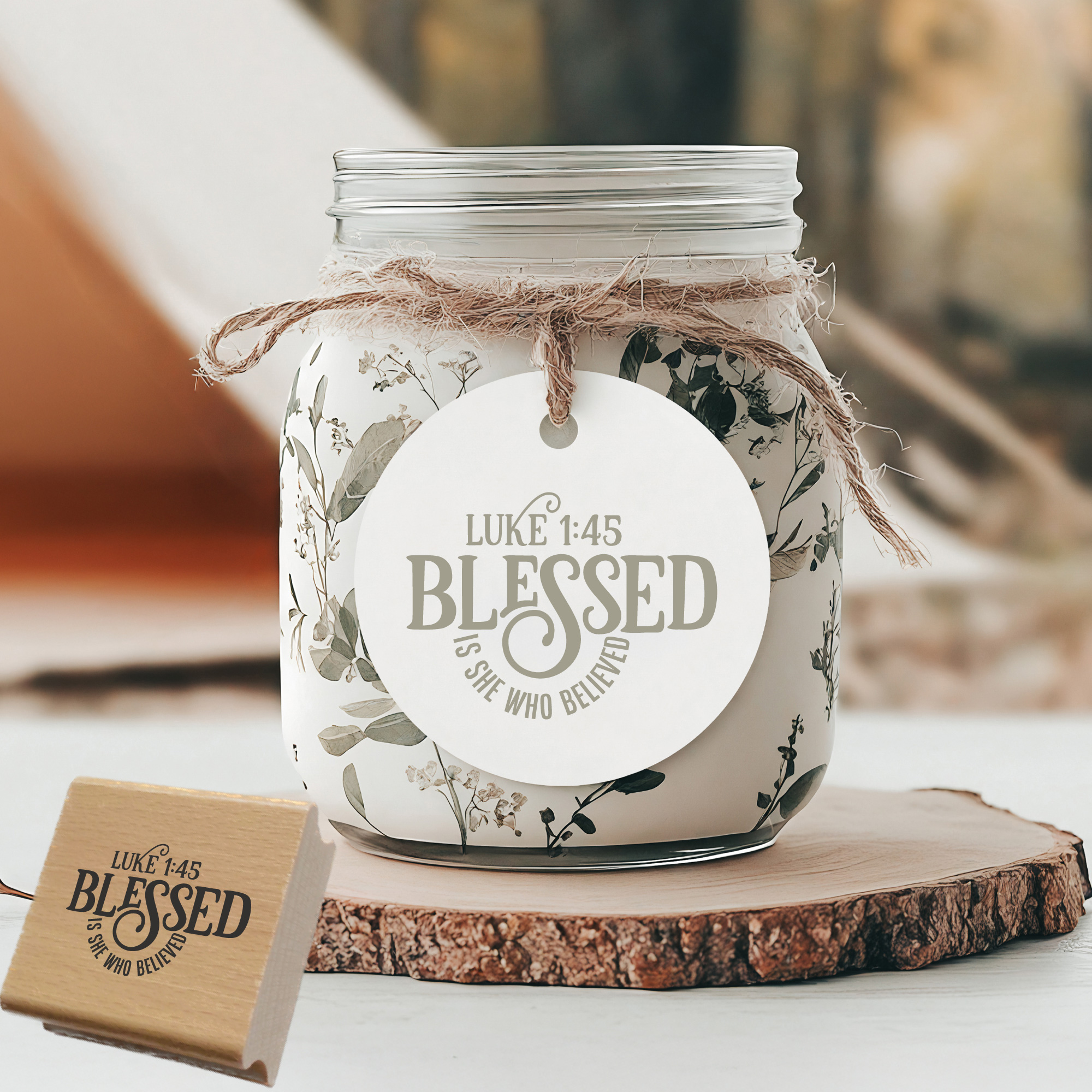 Stempel Lukas 1:45 • Blessed is she who believed Bibelvers Holzstempel