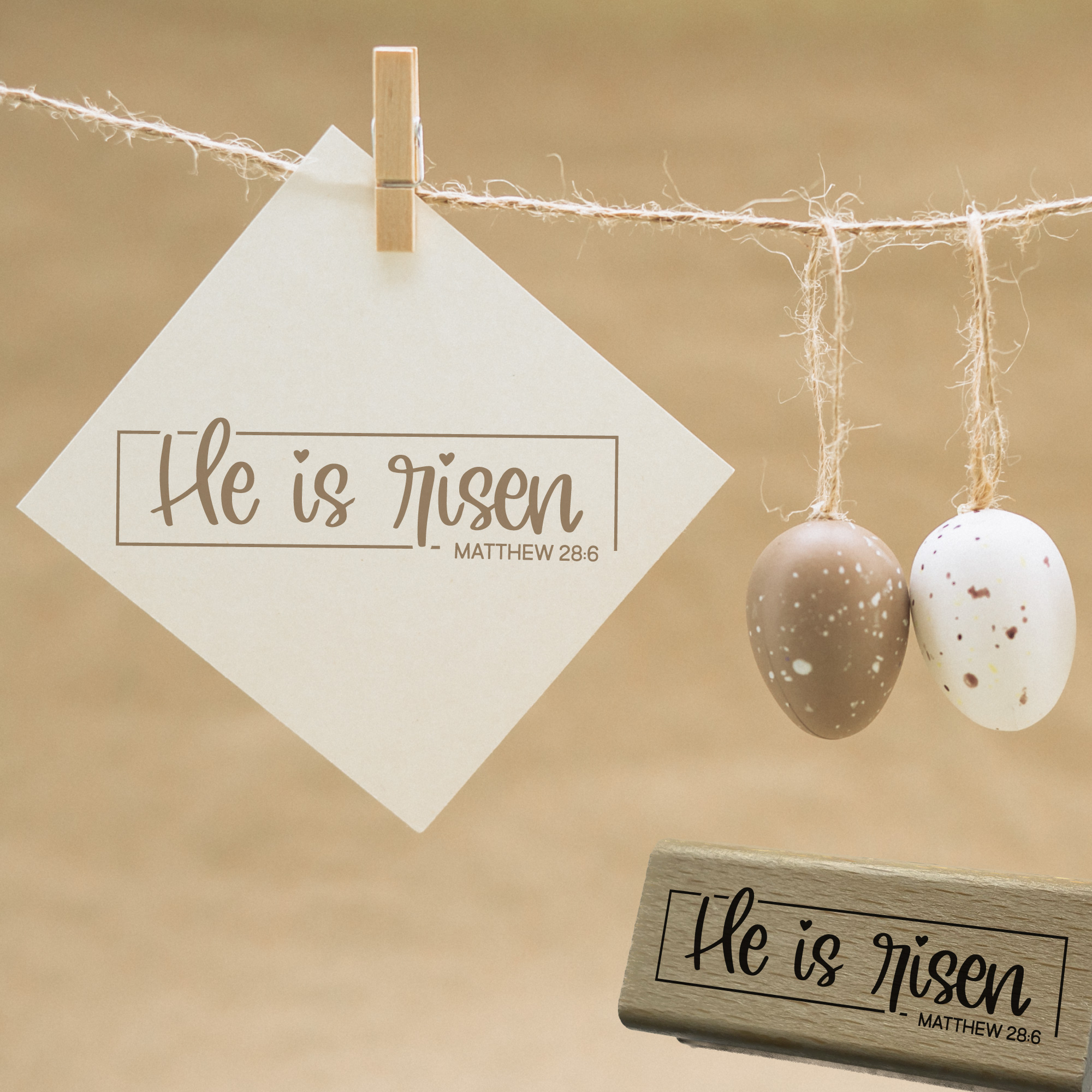 Stempel He is risen • Matthew 28:6 Christlicher Osterstempel mit Rahmen