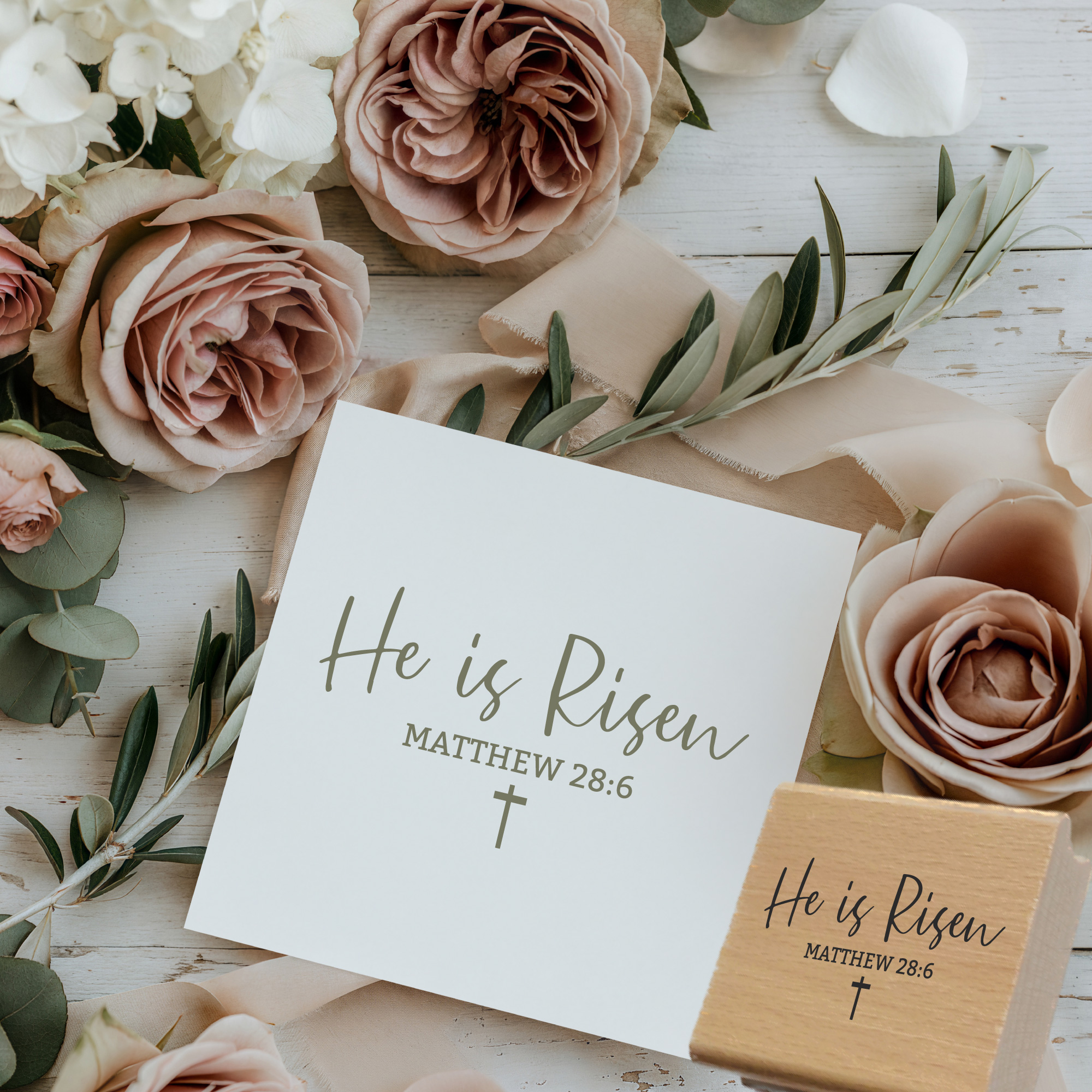 Stempel He is Risen • Matthäus 28:6 Minimalistischer Osterstempel mit Kreuz