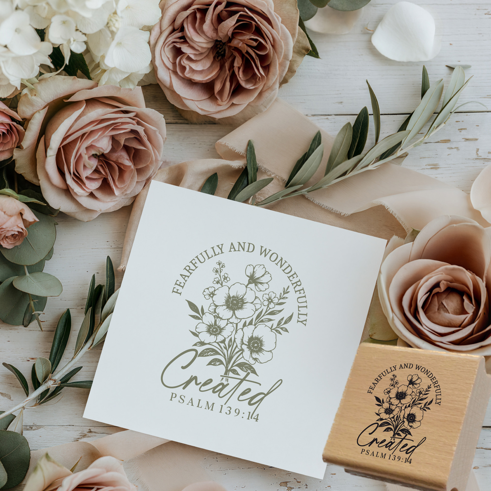 Stempel Psalm 139:14 • Fearfully and wonderfully created Christlicher Blumenstempel