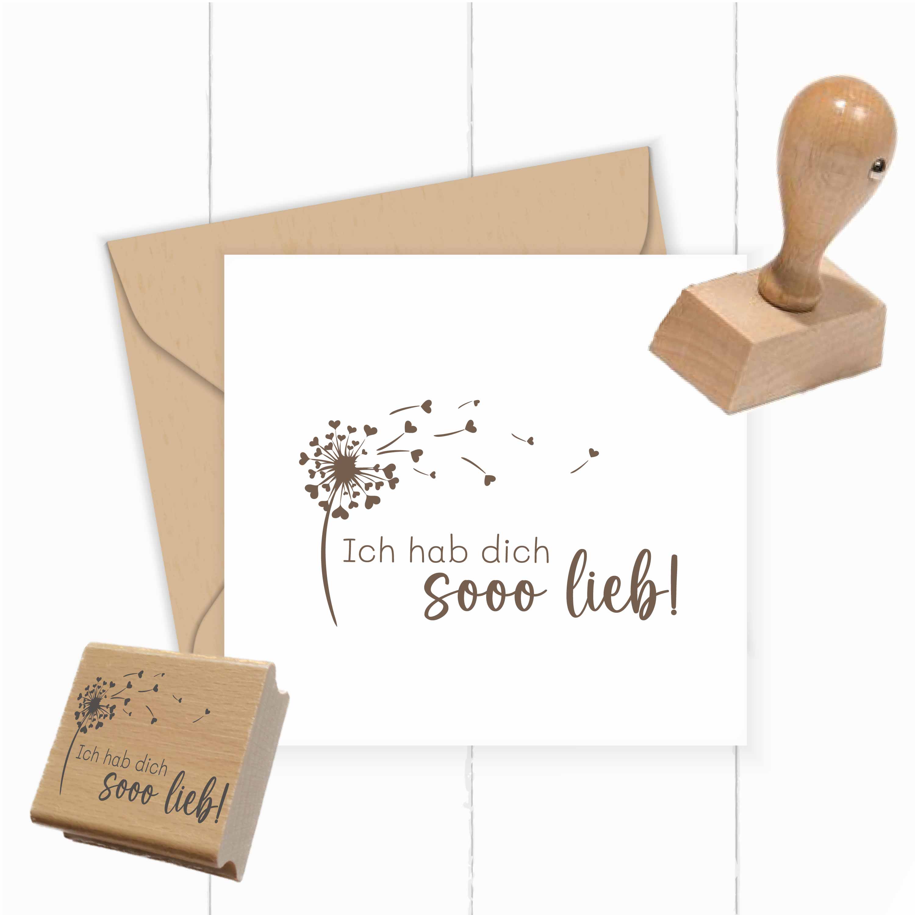 Stempel Ich hab dich sooo lieb | Pusteblume Herz Motivstempel für Liebesbriefe & Geschenke | Holzstempel, Selbstfärber, Klötzchen - ST0728