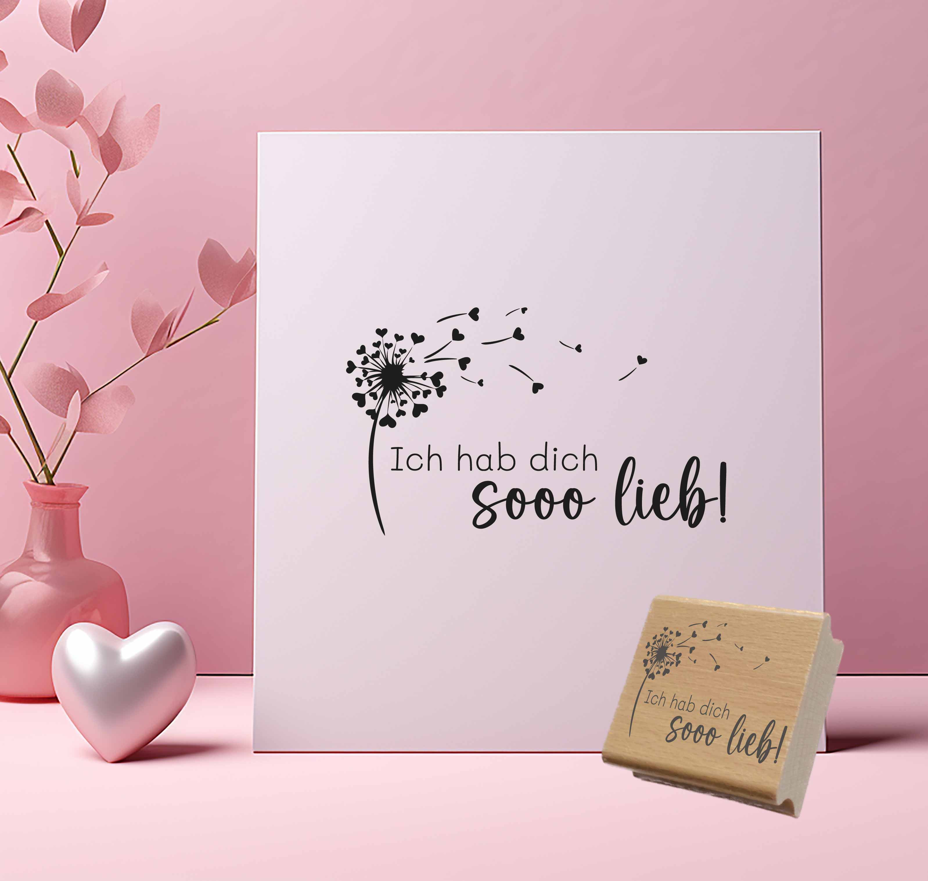 Stempel Ich hab dich sooo lieb | Pusteblume Herz Motivstempel für Liebesbriefe & Geschenke | Holzstempel, Selbstfärber, Klötzchen