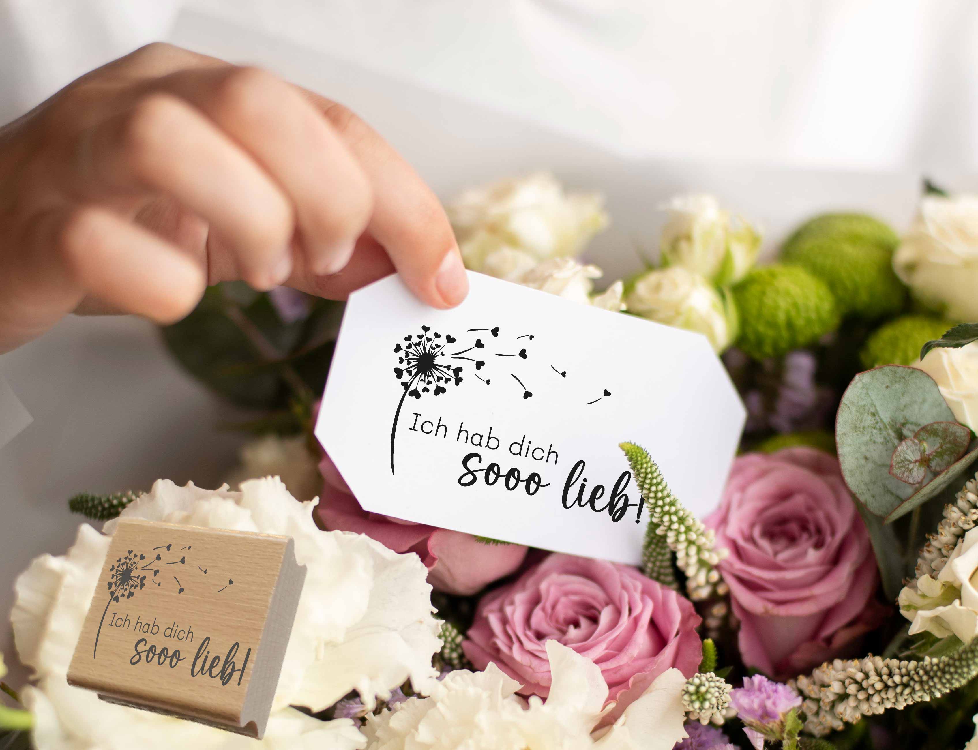 Stempel Ich hab dich sooo lieb | Pusteblume Herz Motivstempel für Liebesbriefe & Geschenke | Holzstempel, Selbstfärber, Klötzchen
