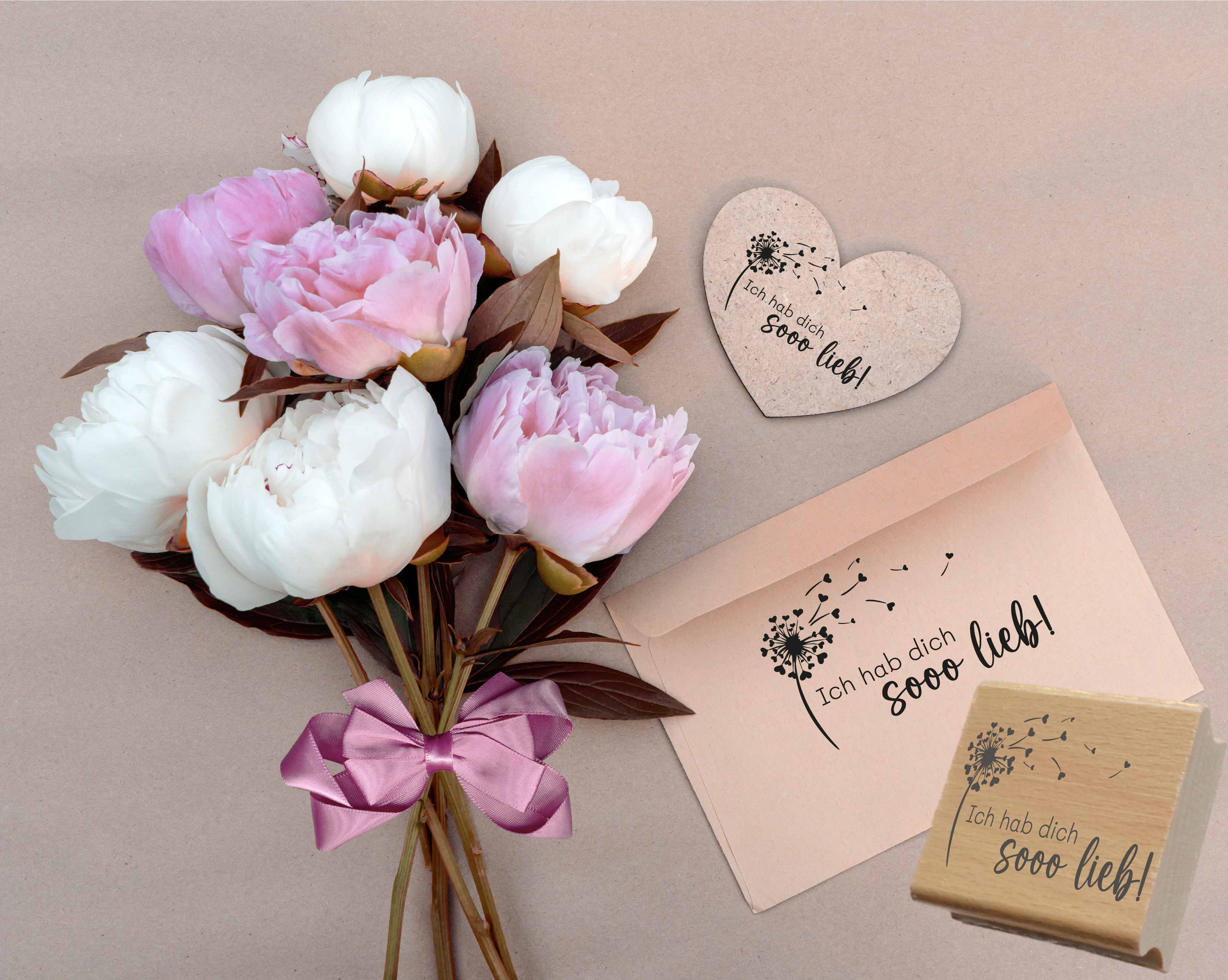 Stempel Ich hab dich sooo lieb | Pusteblume Herz Motivstempel für Liebesbriefe & Geschenke | Holzstempel, Selbstfärber, Klötzchen