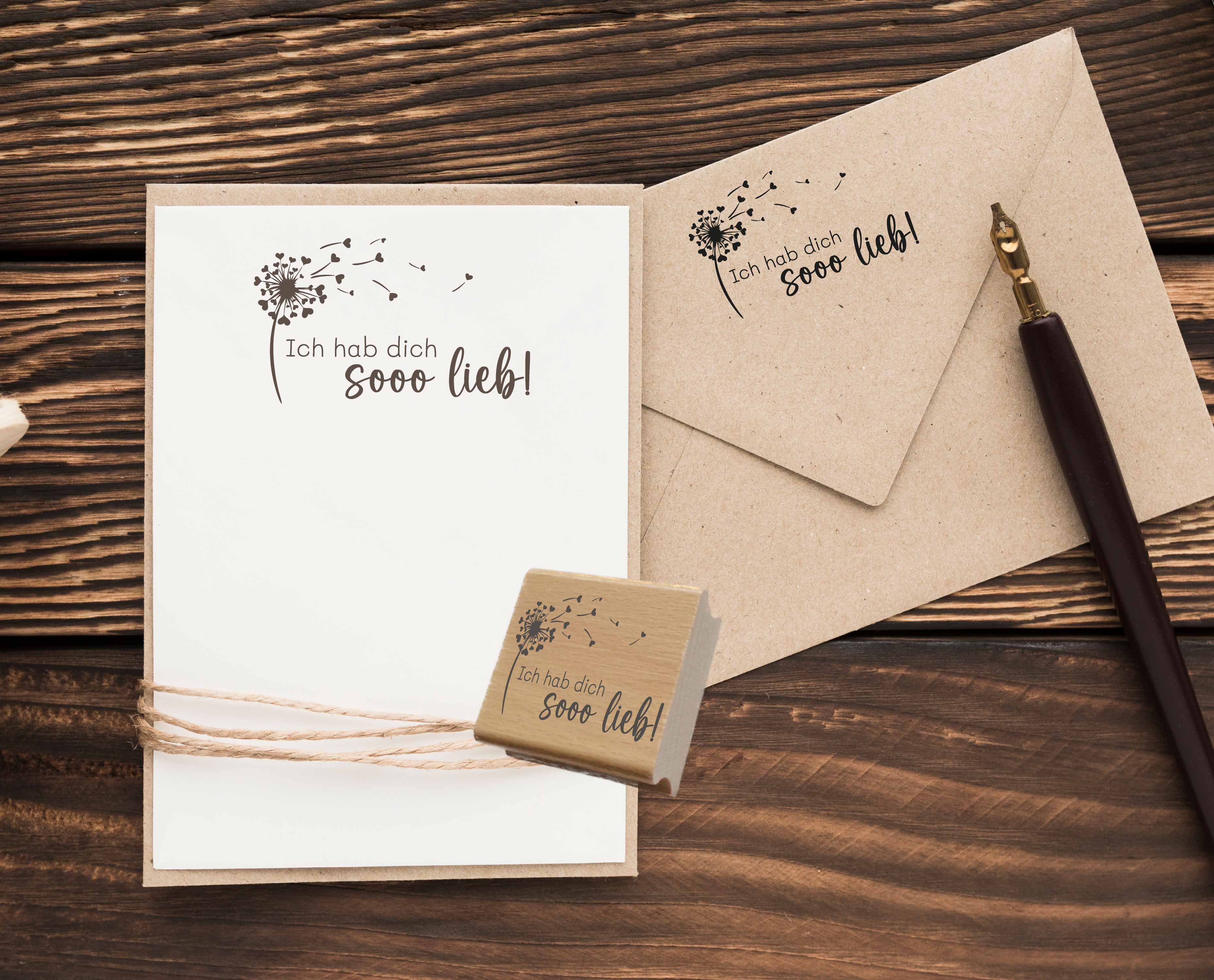 Stempel Ich hab dich sooo lieb | Pusteblume Herz Motivstempel für Liebesbriefe & Geschenke | Holzstempel, Selbstfärber, Klötzchen