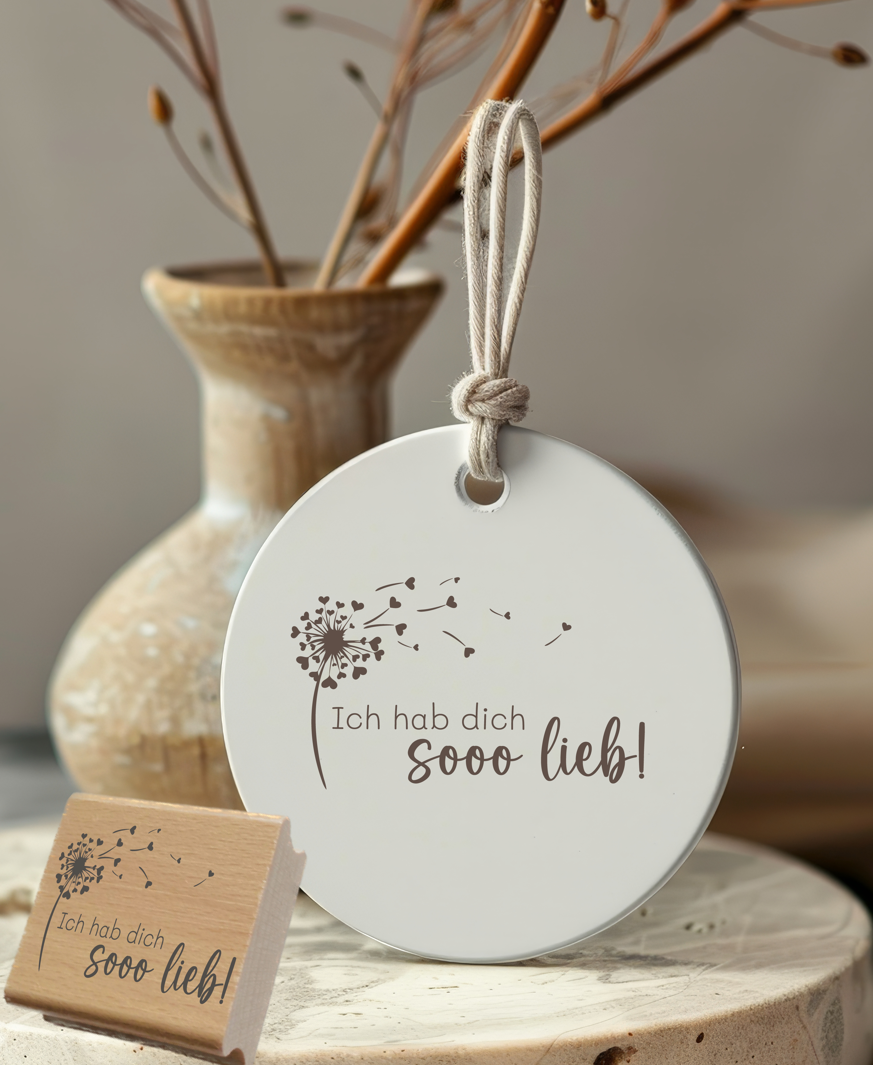 Stempel Ich hab dich sooo lieb | Pusteblume Herz Motivstempel für Liebesbriefe & Geschenke | Holzstempel, Selbstfärber, Klötzchen
