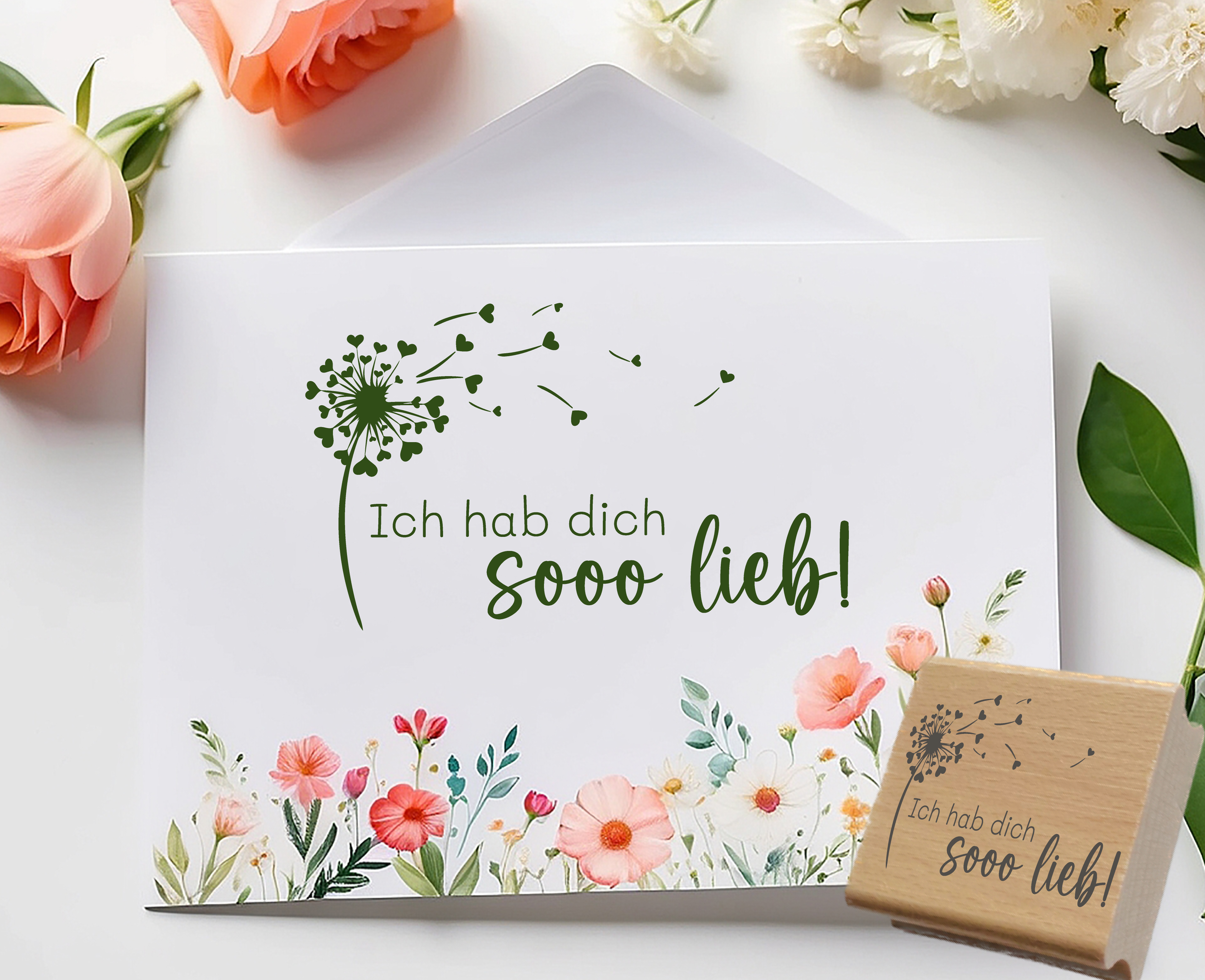 Stempel Ich hab dich sooo lieb | Pusteblume Herz Motivstempel für Liebesbriefe & Geschenke | Holzstempel, Selbstfärber, Klötzchen