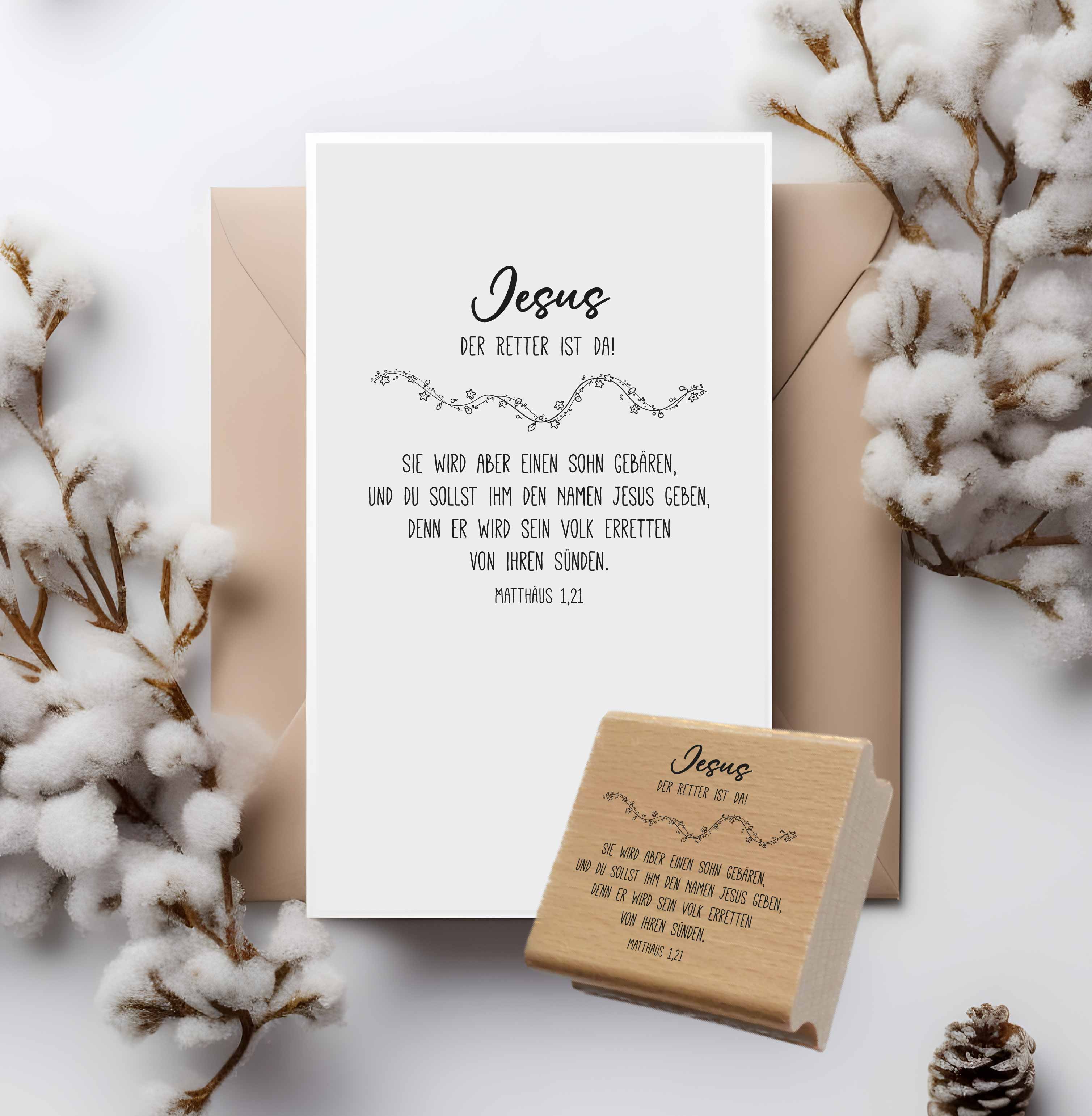 Stempel Jesus der Retter ist da | Christlicher Weihnachtsstempel Matthäus 1,21 | für theologische Post & Advent