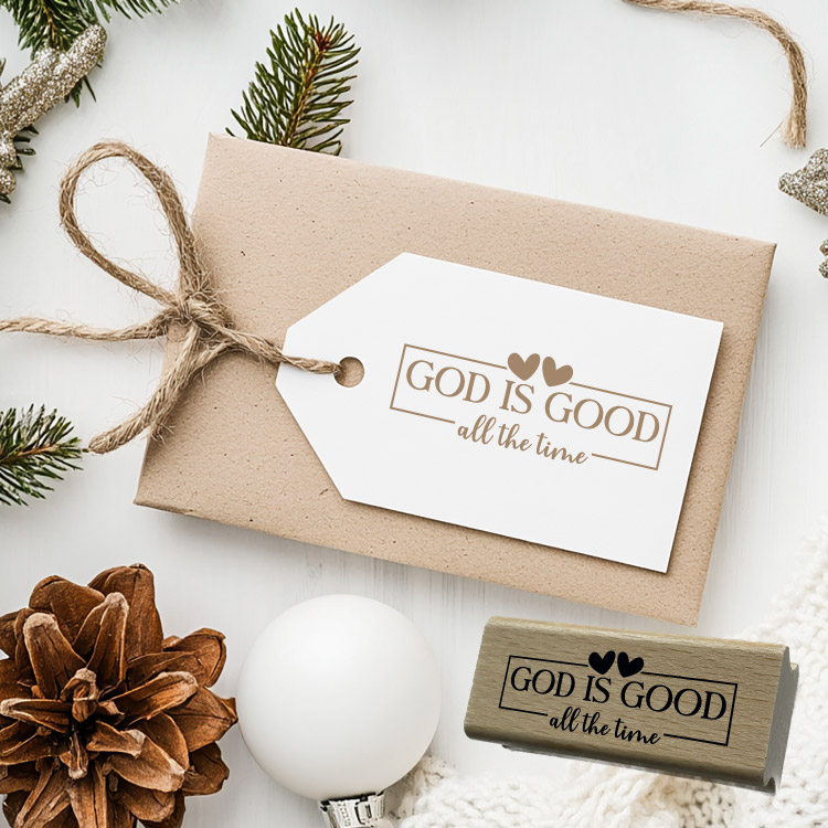 Motivstempel „God is good all the time“ – Christlicher Holzstempel mit Herz für Papeterie & DIY