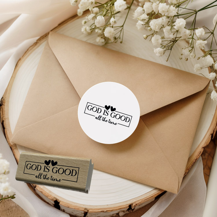 Motivstempel „God is good all the time“ – Christlicher Holzstempel mit Herz für Papeterie & DIY