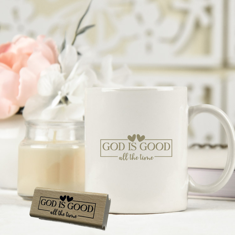 Motivstempel „God is good all the time“ – Christlicher Holzstempel mit Herz für Papeterie & DIY