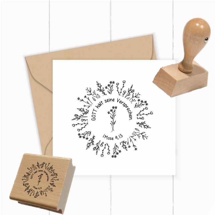 Motivstempel „Gott hält seine Versprechen“ – Christlicher Blumenkranz-Holzstempel (1. Mose 9,13) für Papeterie & DIY