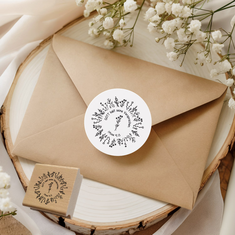 Motivstempel „Gott hält seine Versprechen“ – Christlicher Blumenkranz-Holzstempel (1. Mose 9,13) für Papeterie & DIY