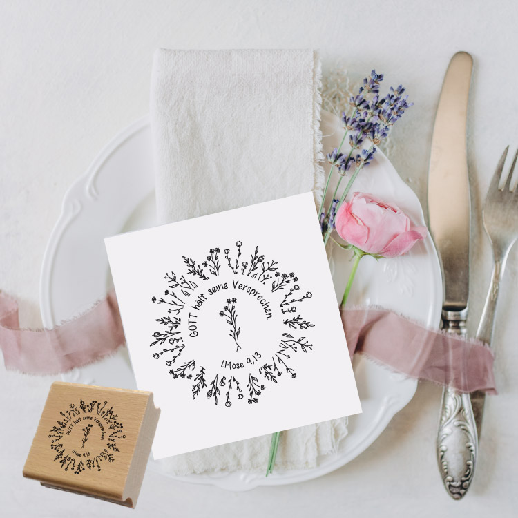 Motivstempel „Gott hält seine Versprechen“ – Christlicher Blumenkranz-Holzstempel (1. Mose 9,13) für Papeterie & DIY
