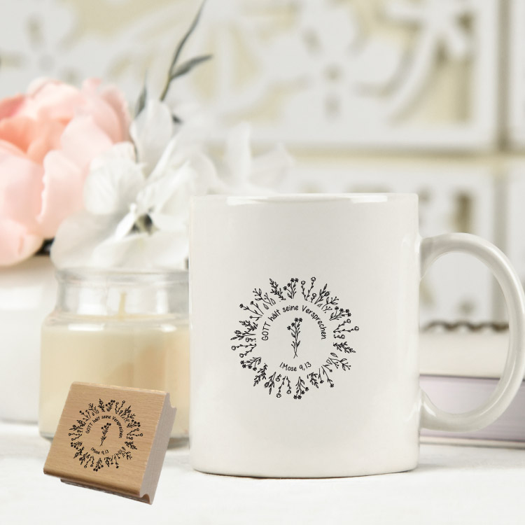 Motivstempel „Gott hält seine Versprechen“ – Christlicher Blumenkranz-Holzstempel (1. Mose 9,13) für Papeterie & DIY