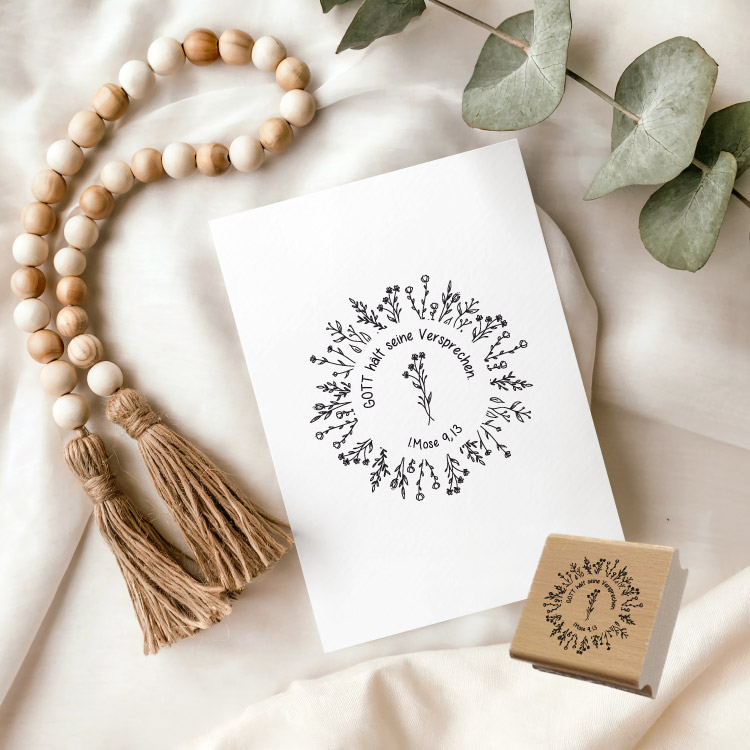 Motivstempel „Gott hält seine Versprechen“ – Christlicher Blumenkranz-Holzstempel (1. Mose 9,13) für Papeterie & DIY
