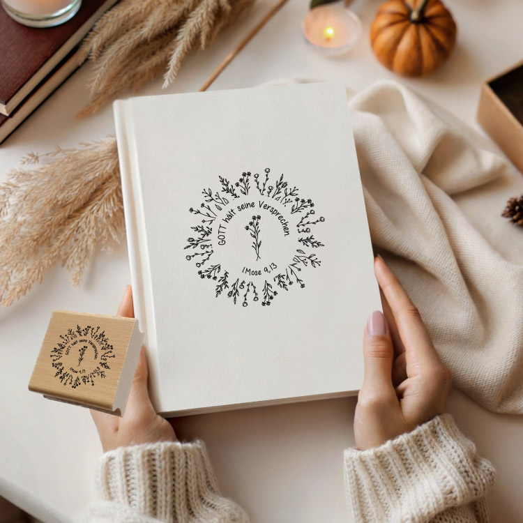 Motivstempel „Gott hält seine Versprechen“ – Christlicher Blumenkranz-Holzstempel (1. Mose 9,13) für Papeterie & DIY
